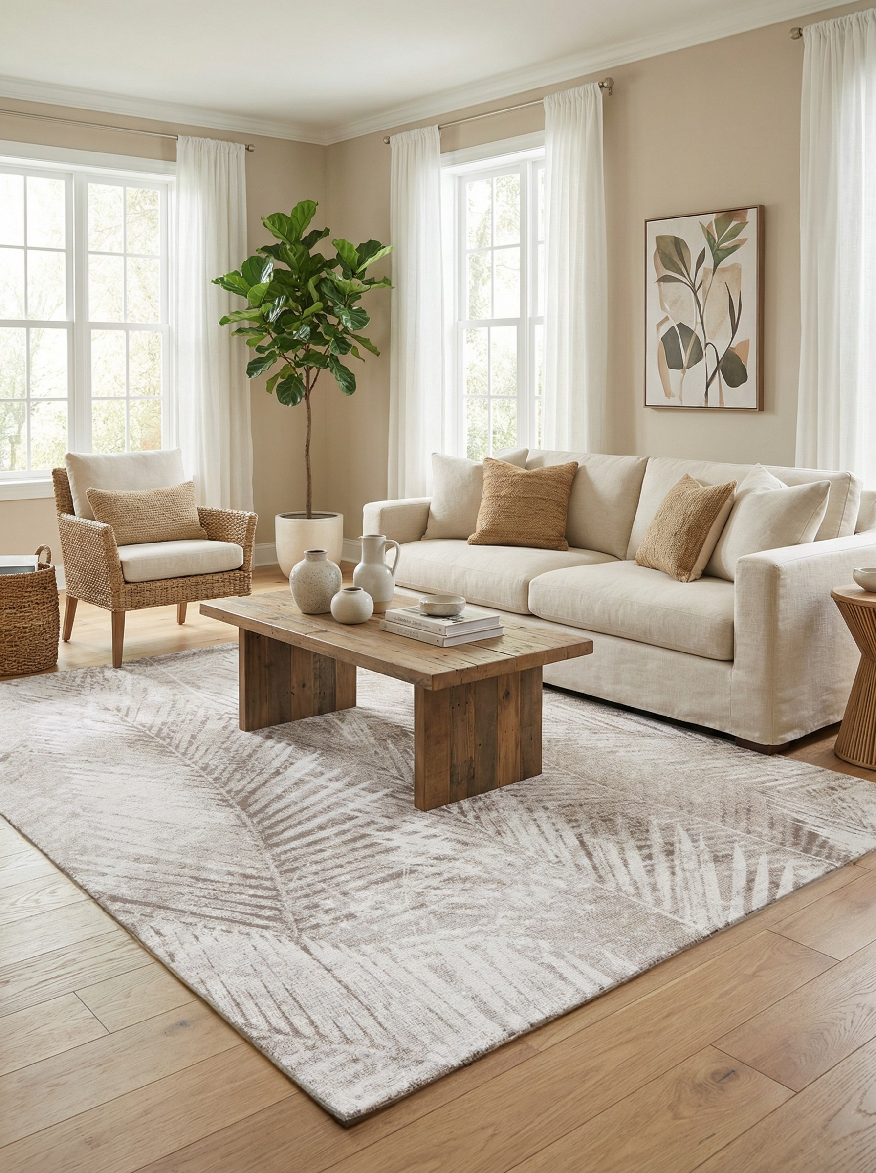 Tapis rectangulaire beige à motifs végétaux, créant une ambiance douce et harmonieuse dans le salon