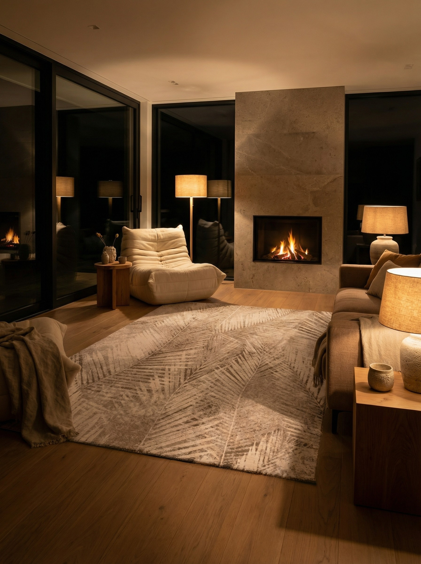 Tapis rectangulaire beige dans une pièce tamisée. Éclairage doux et ambiance chaleureuse