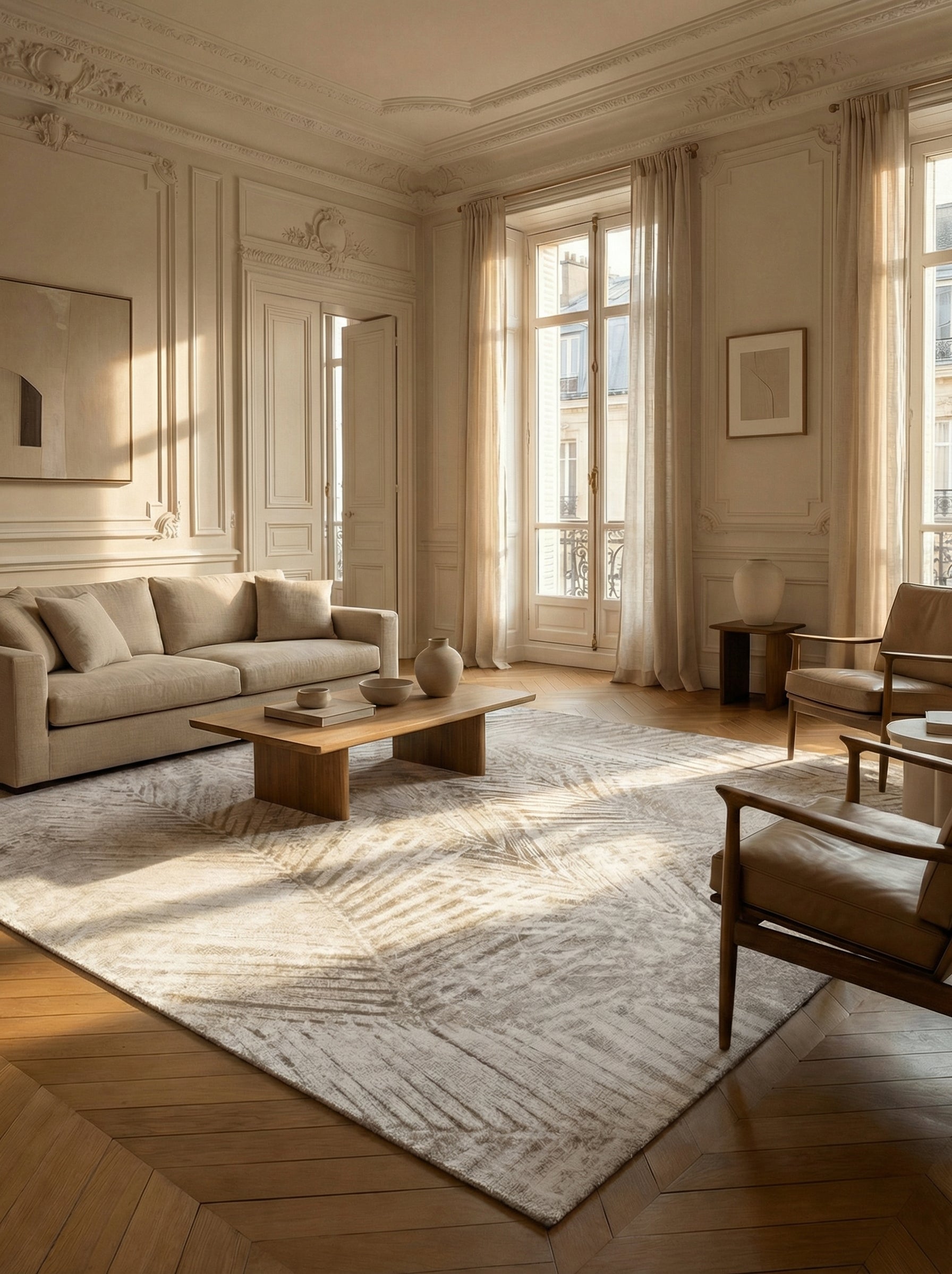 Tapis rectangulaire beige, ambiance soirée élégante. Motifs discrets, convivialité dans le salon