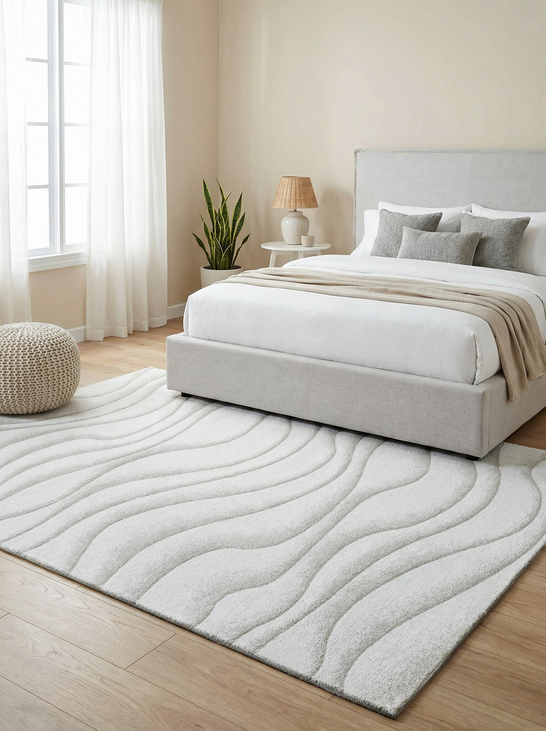 Tapis blanc texturé dans une chambre. Douceur, confort et ambiance reposante. Forme rectangulaire
