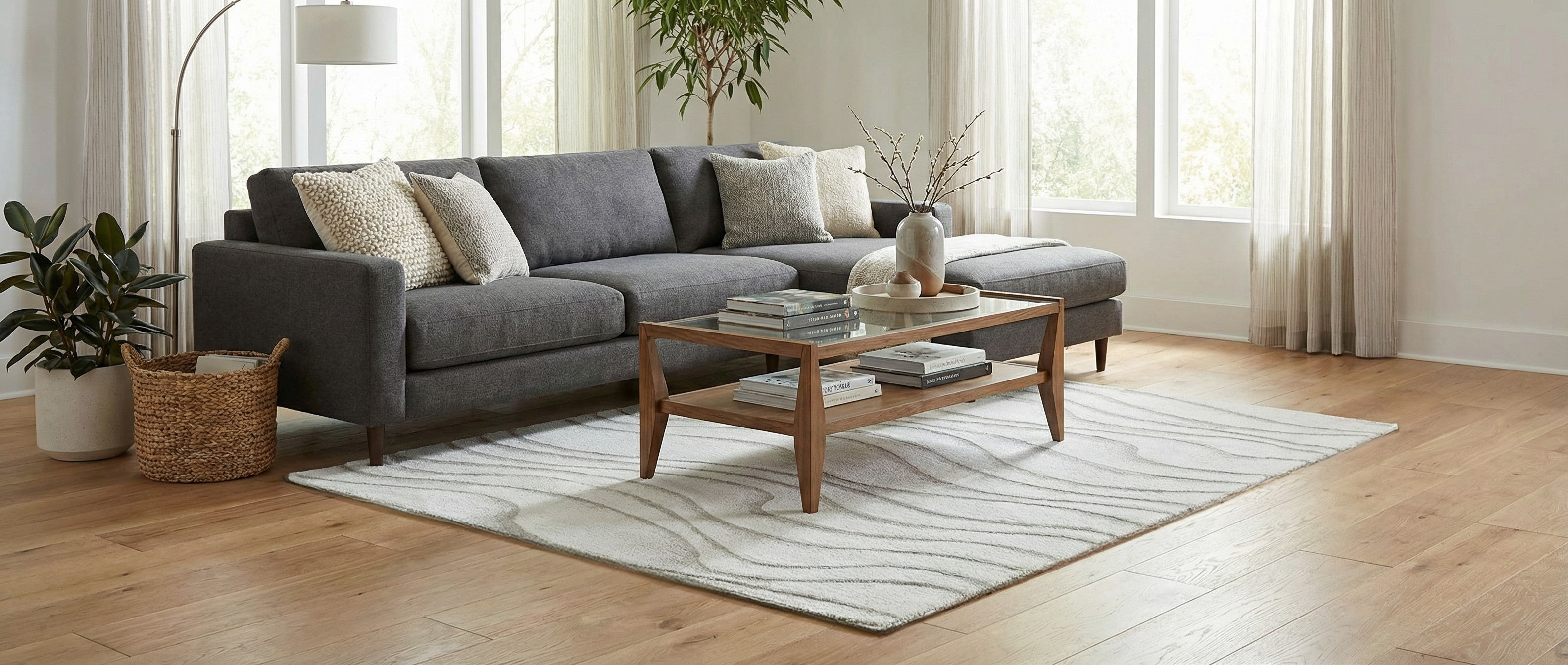 Tapis rectangulaire beige et gris transforme la pièce, créant une harmonie douce. Ambiance chaleureuse, style épuré
