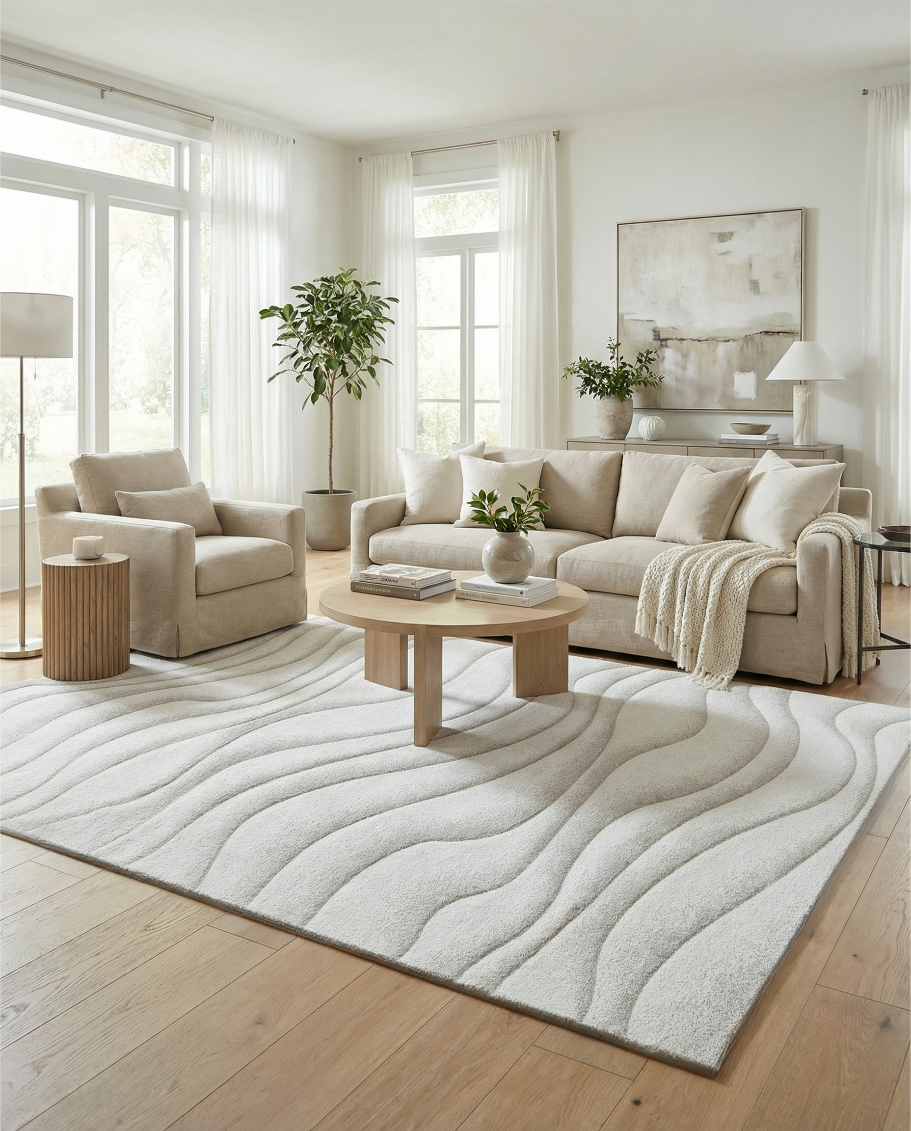 Tapis beige à motifs ondulés dans un salon clair. Crée une ambiance apaisante et chaleureuse