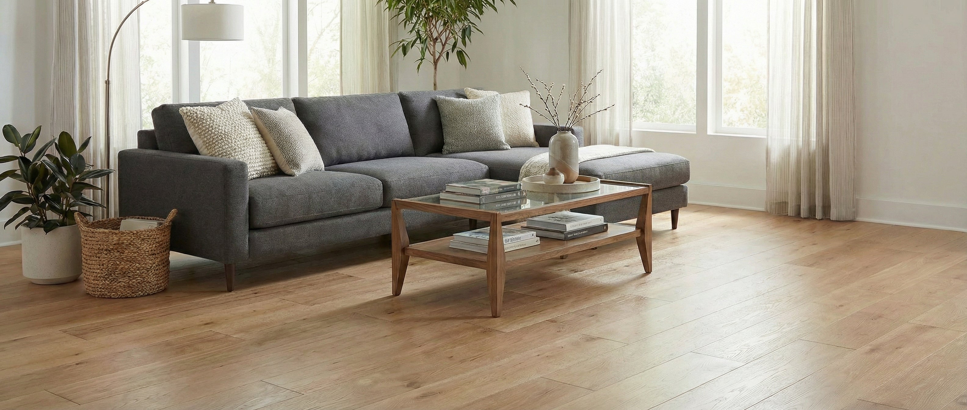 Pièce lumineuse avec plancher clair. Canapé gris, table basse en bois. Espace vide pour un tapis rectangulaire. Ambiance