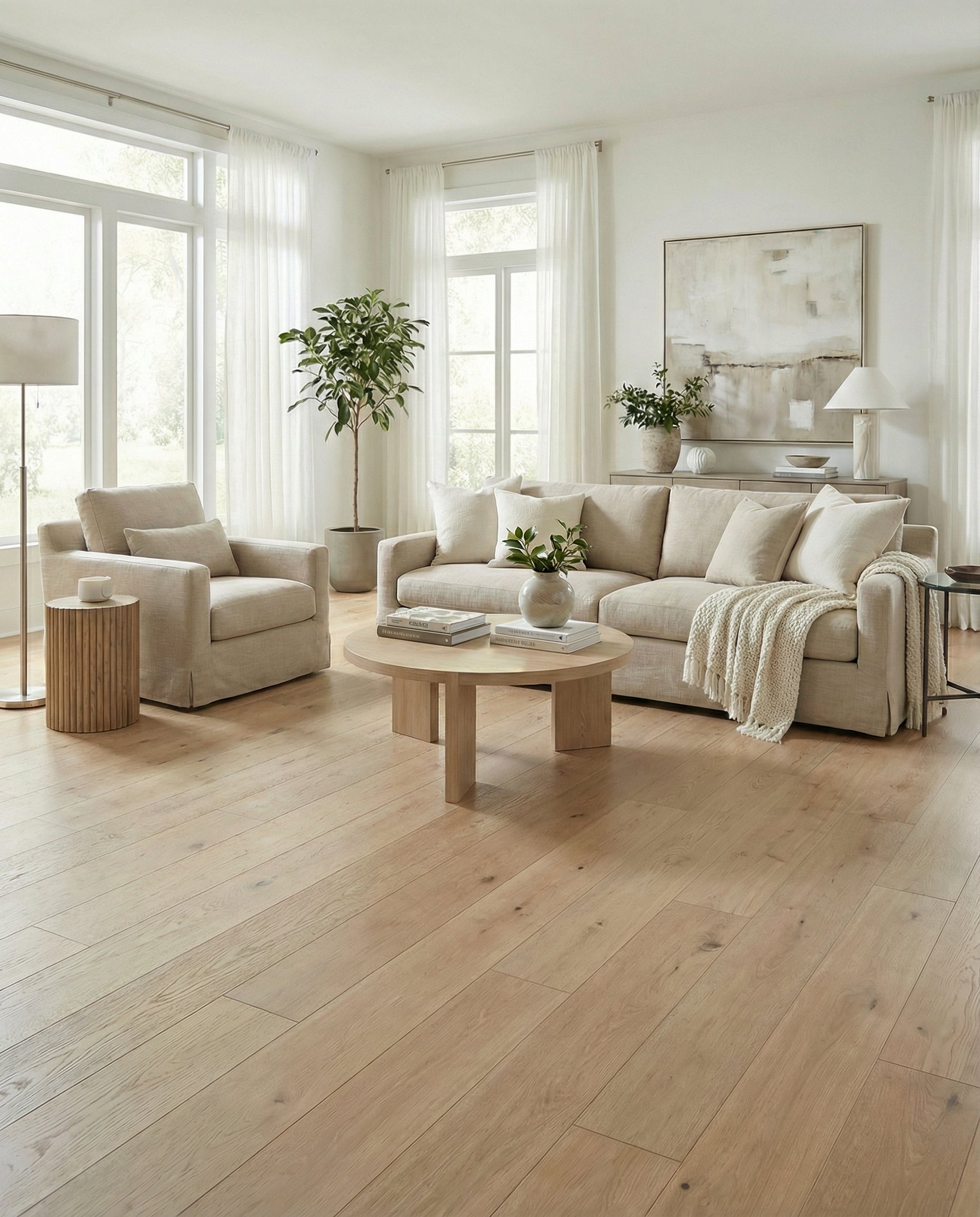 Pièce lumineuse, parquet clair, ambiance chaleureuse. Espace à transformer pour un tapis rectangulaire beige