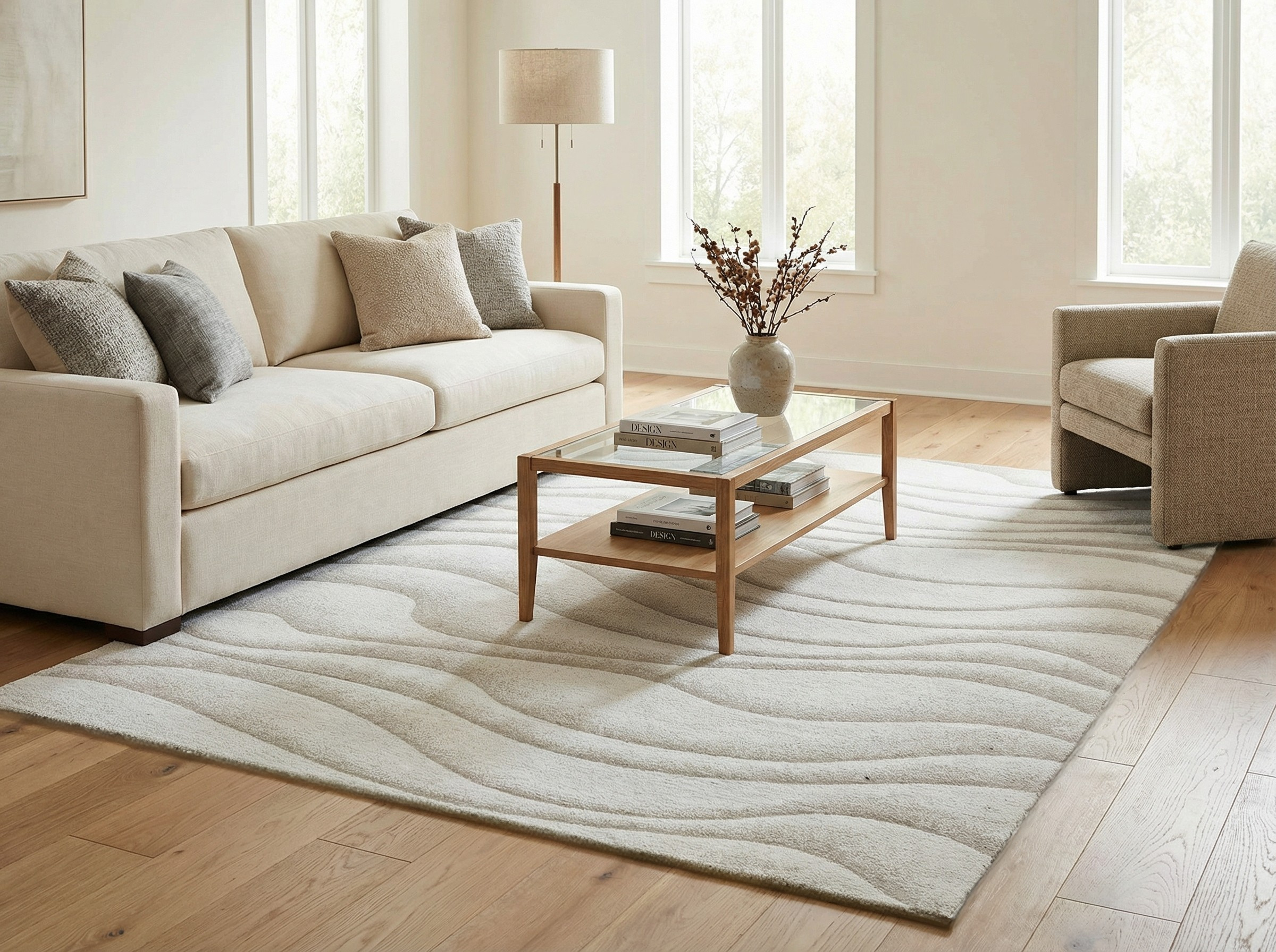 Tapis beige rectangulaire à motifs ondulés dans un salon clair, ambiance chaleureuse et déco épurée