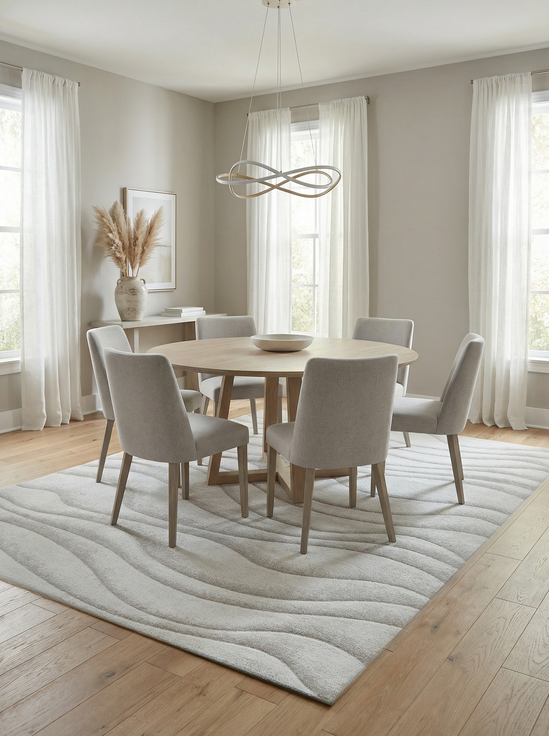 Tapis rectangulaire beige pour définir l'espace repas. Ambiance chaleureuse et conviviale