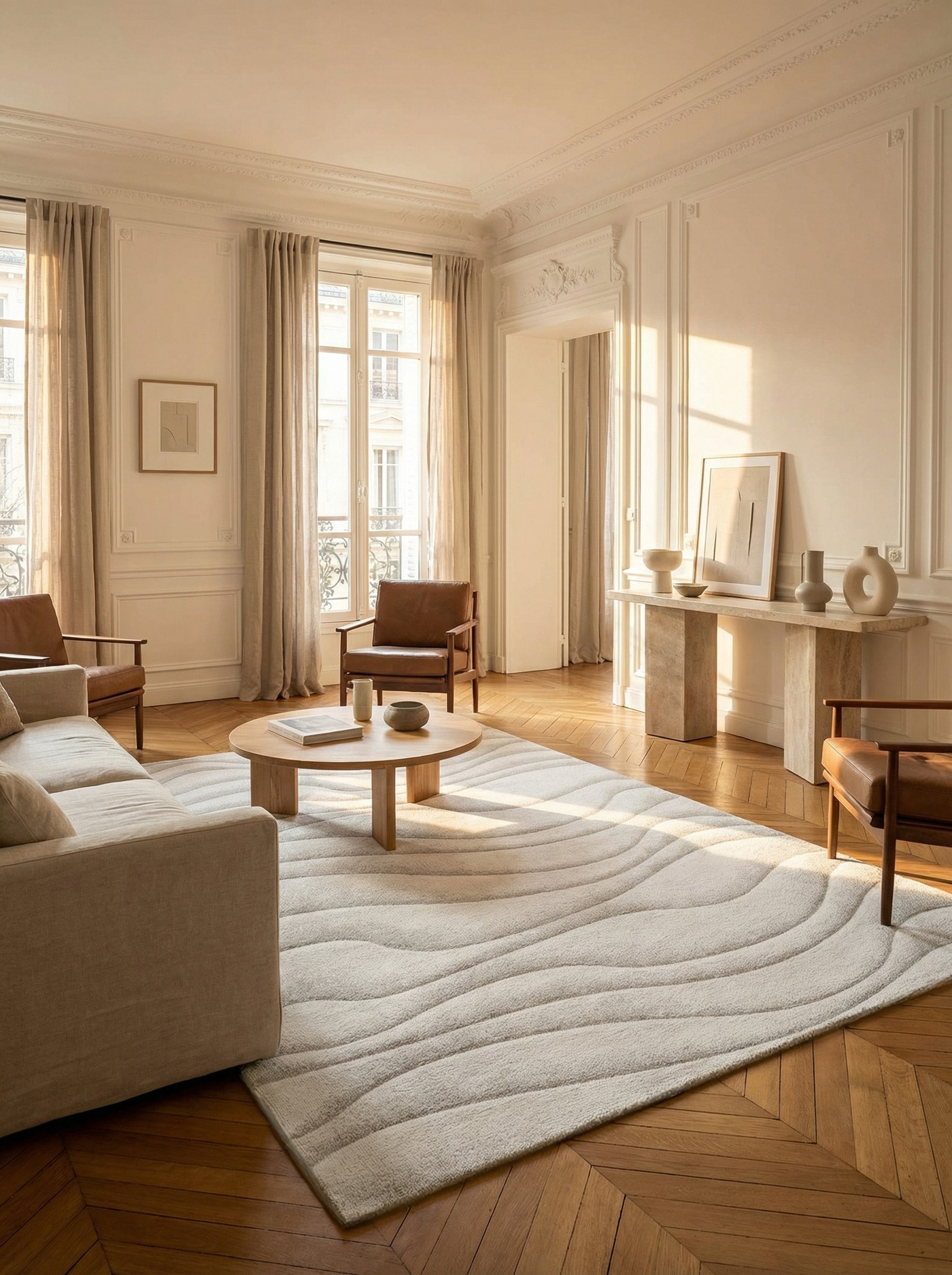 Tapis beige rectangulaire, ambiance de soirée. Convivialité et élégance dans cette pièce chaleureuse