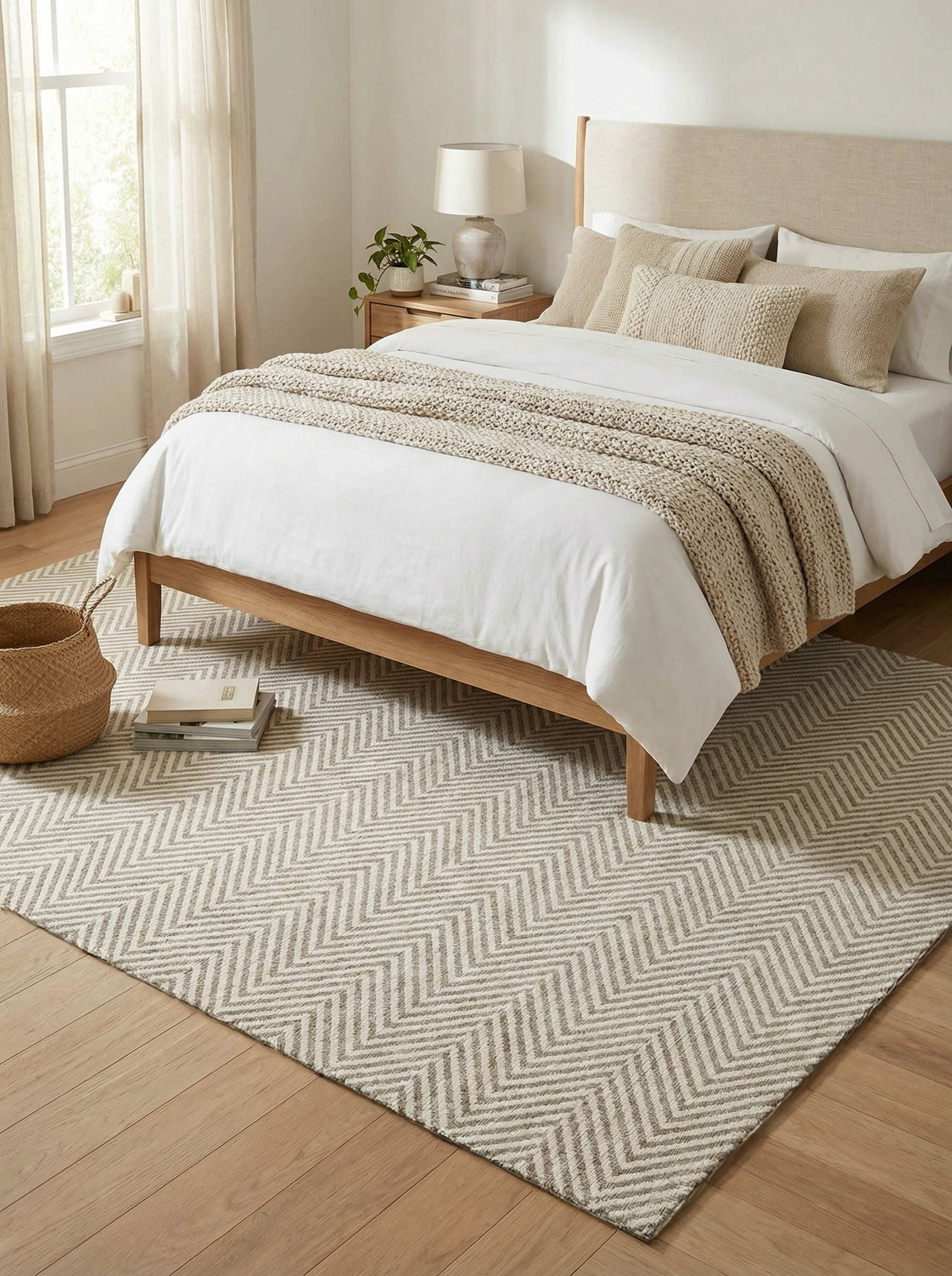Tapis rectangulaire beige et ambre. Douceur et confort pour une ambiance reposante dans la chambre