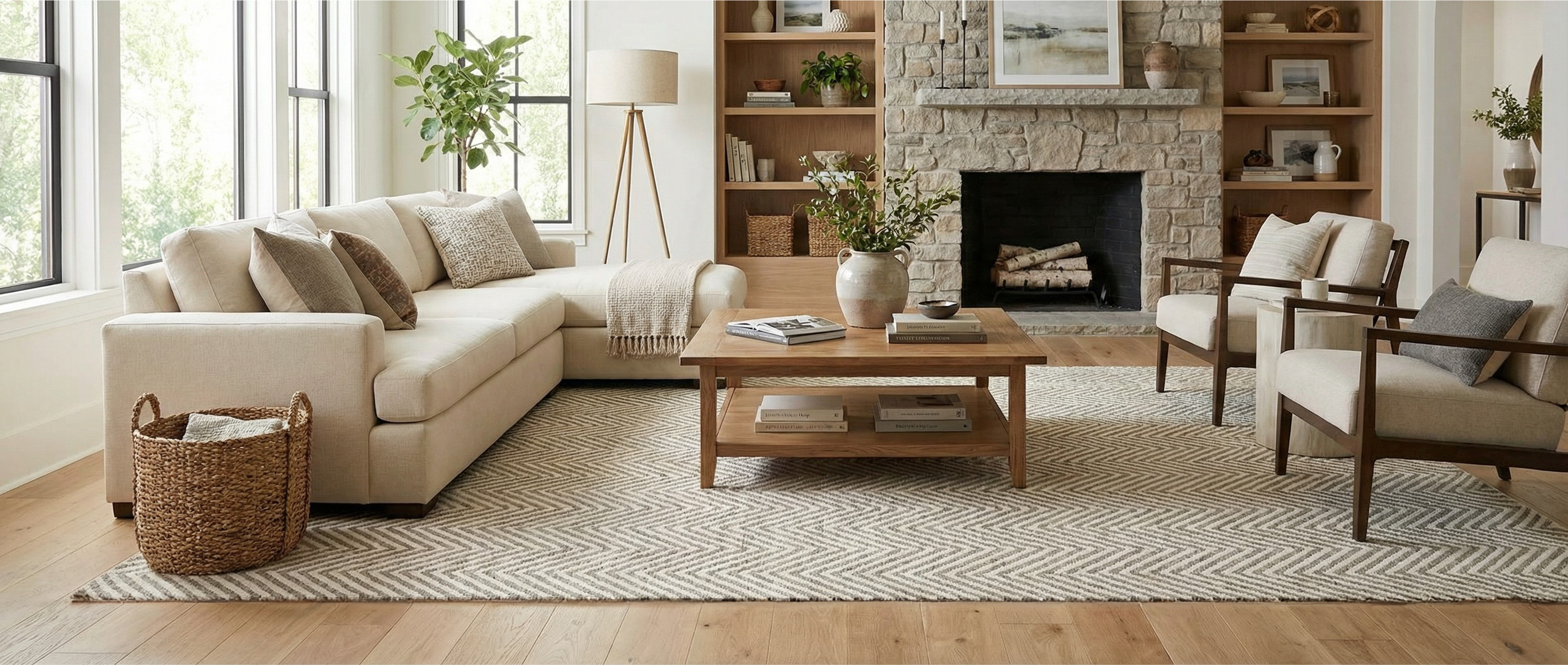 Le tapis beige et gris transforme la pièce, créant une harmonie avec le mobilier. L'ambiance est chaleureuse