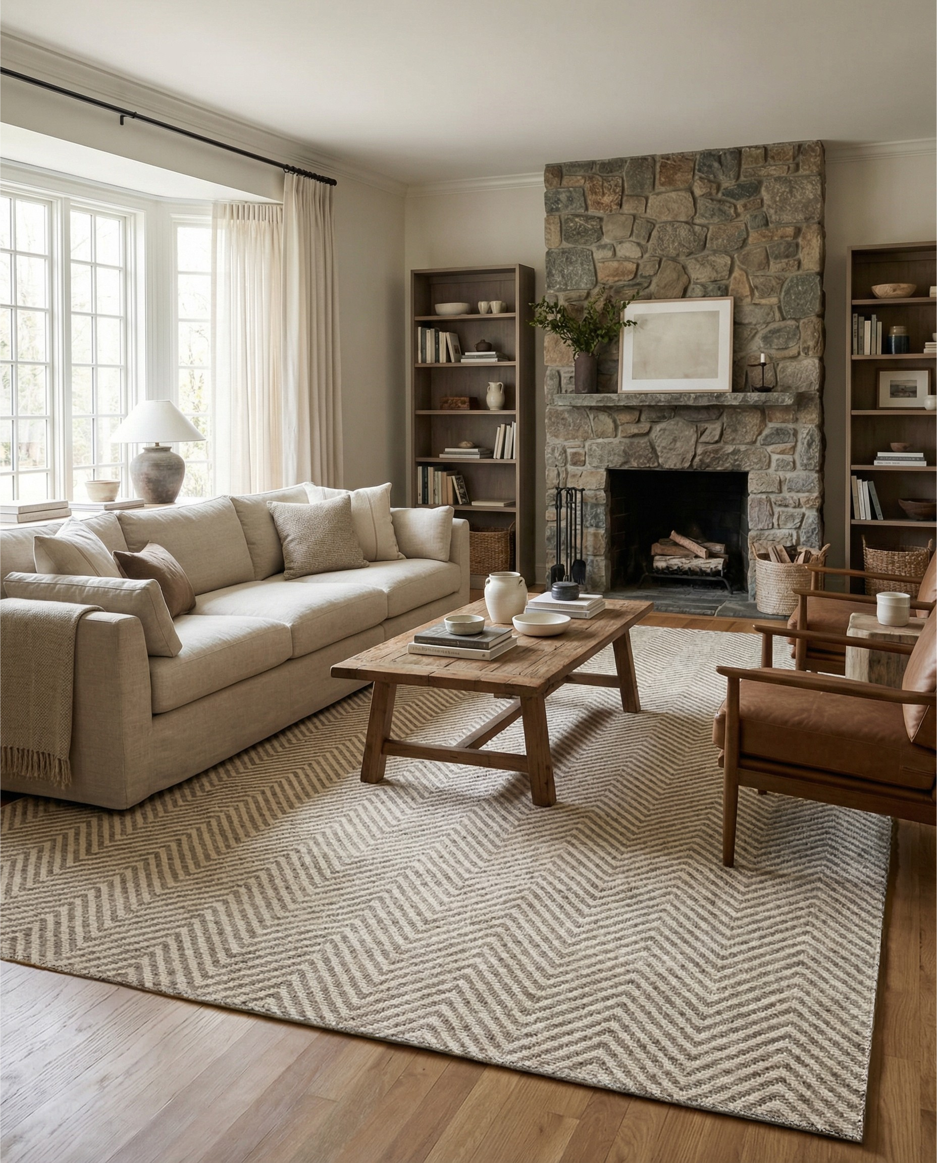 Tapis rectangulaire beige à chevrons, pièce chaleureuse. L'ambiance est adoucie, l'espace est plus accueillant