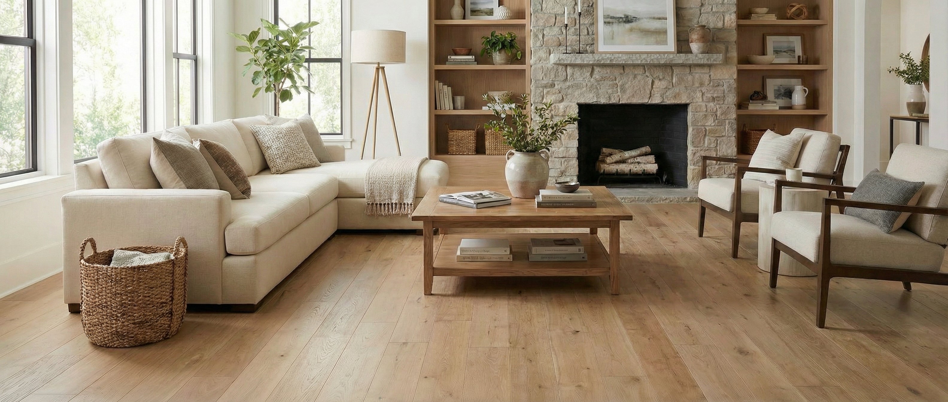 Pièce lumineuse avec plancher en bois clair, canapé beige, fauteuils. Espace vide pour un tapis rectangulaire, ambiance