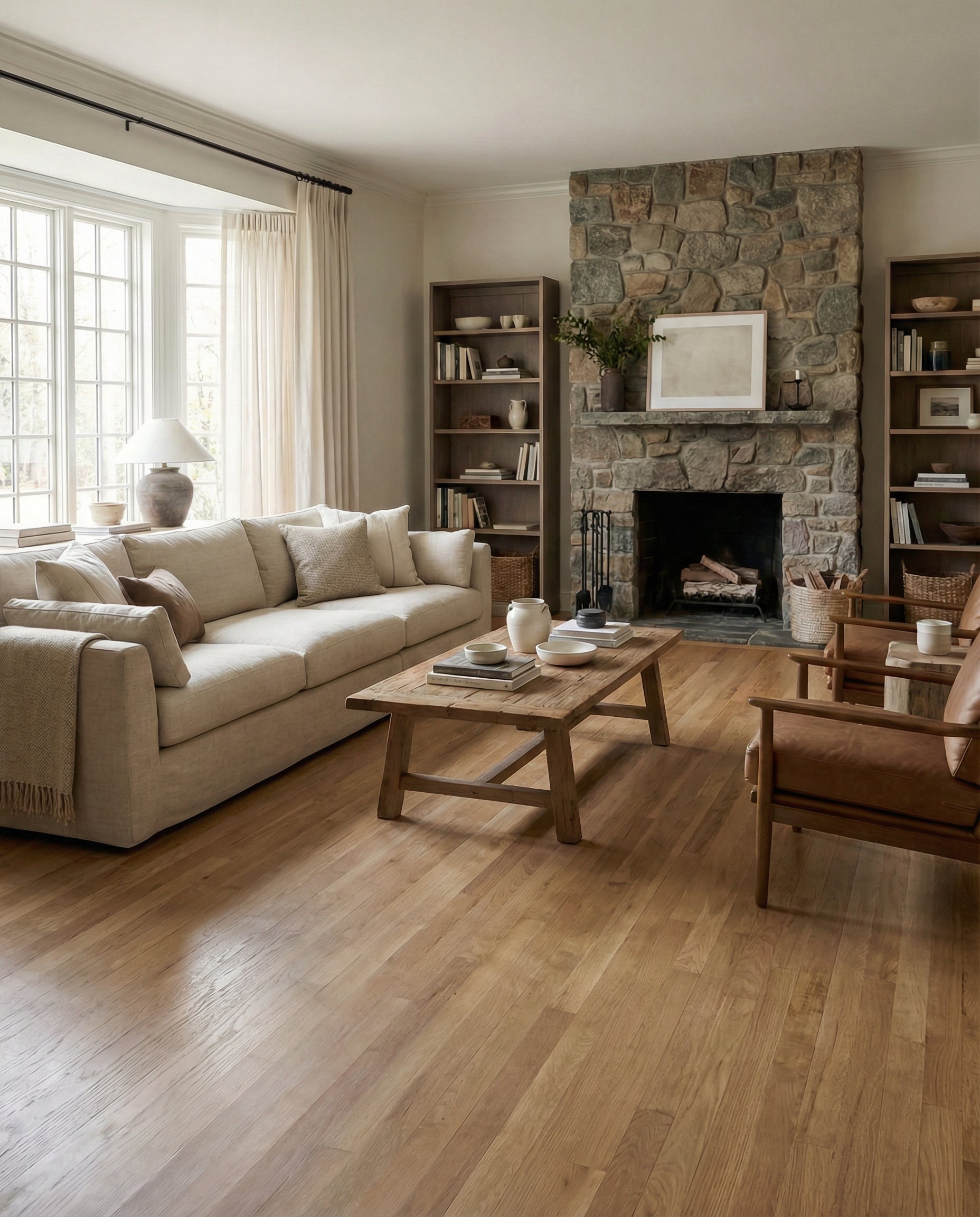Pièce beige avec parquet clair, canapé, cheminée en pierre et fauteuils. Espace pour un tapis rectangulaire