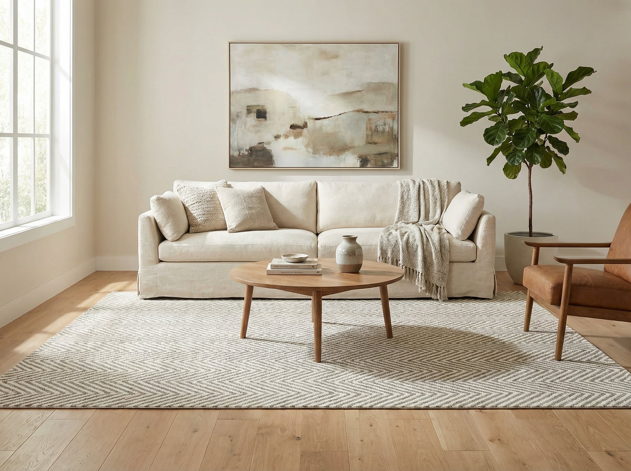 Tapis à chevrons beige et gris dans un salon. Ambiance chaleureuse et déco épurée