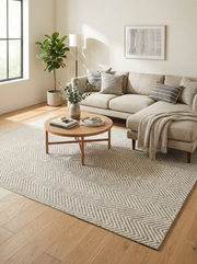 Tapis rectangulaire beige et gris à chevrons dans un salon clair, ambiance chaleureuse et harmonieuse