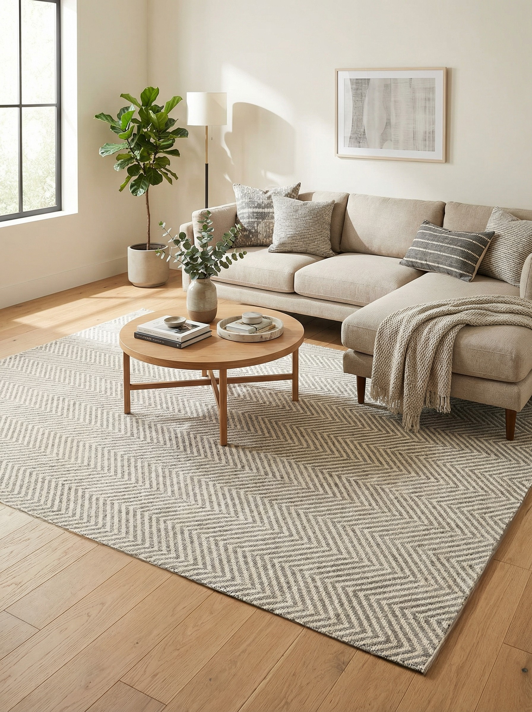 Tapis rectangulaire beige et gris à chevrons dans un salon clair, ambiance chaleureuse et harmonieuse