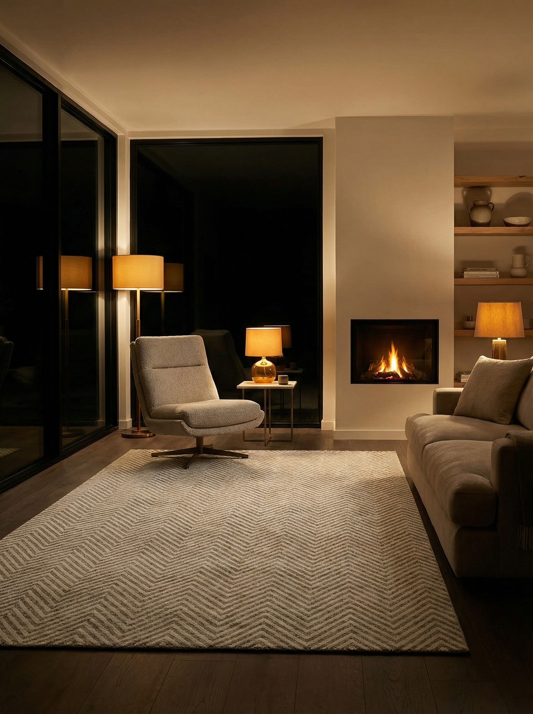 Tapis rectangulaire beige dans une pièce tamisée, éclairage doux. Atmosphère chaleureuse