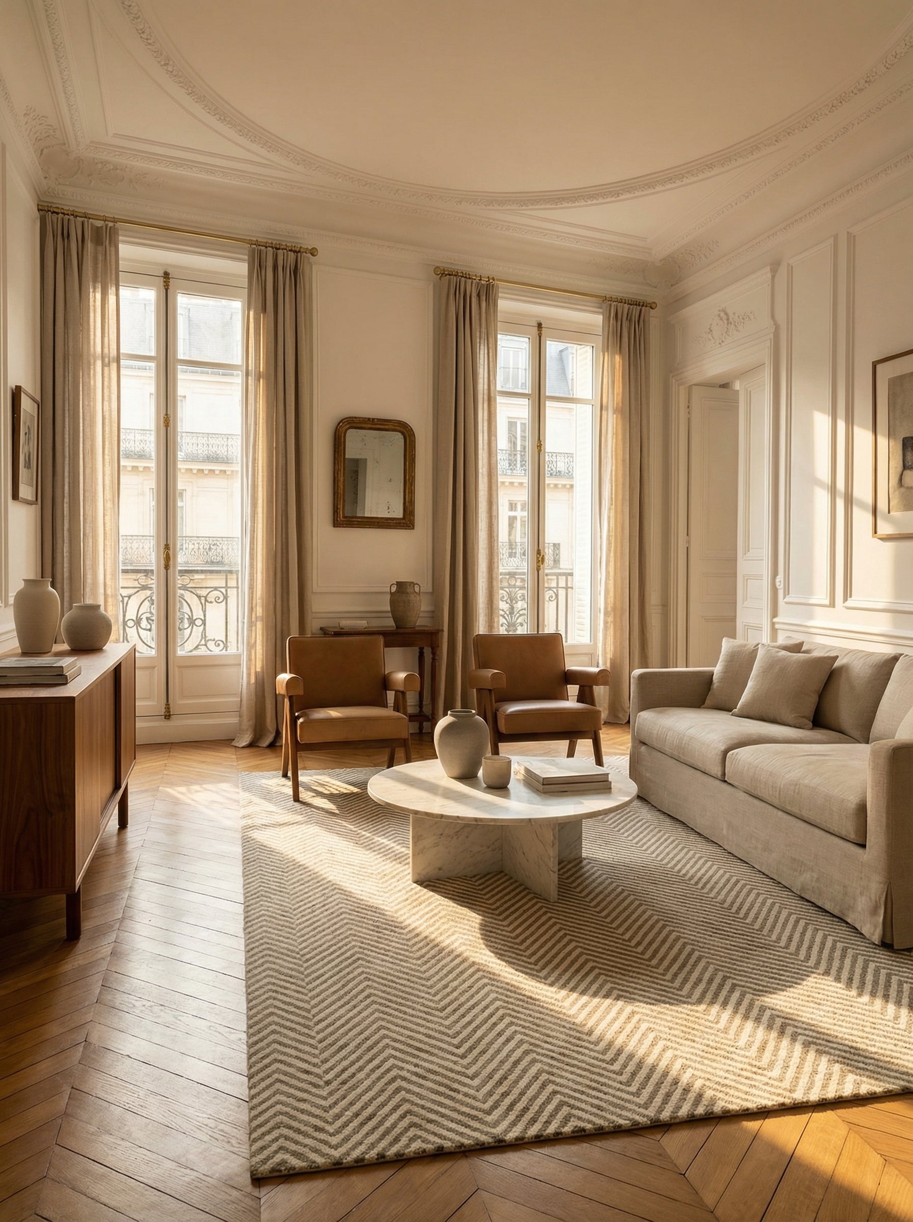 Tapis rectangulaire beige à chevrons, ambiance soirée. Convivialité et élégance dans cette pièce