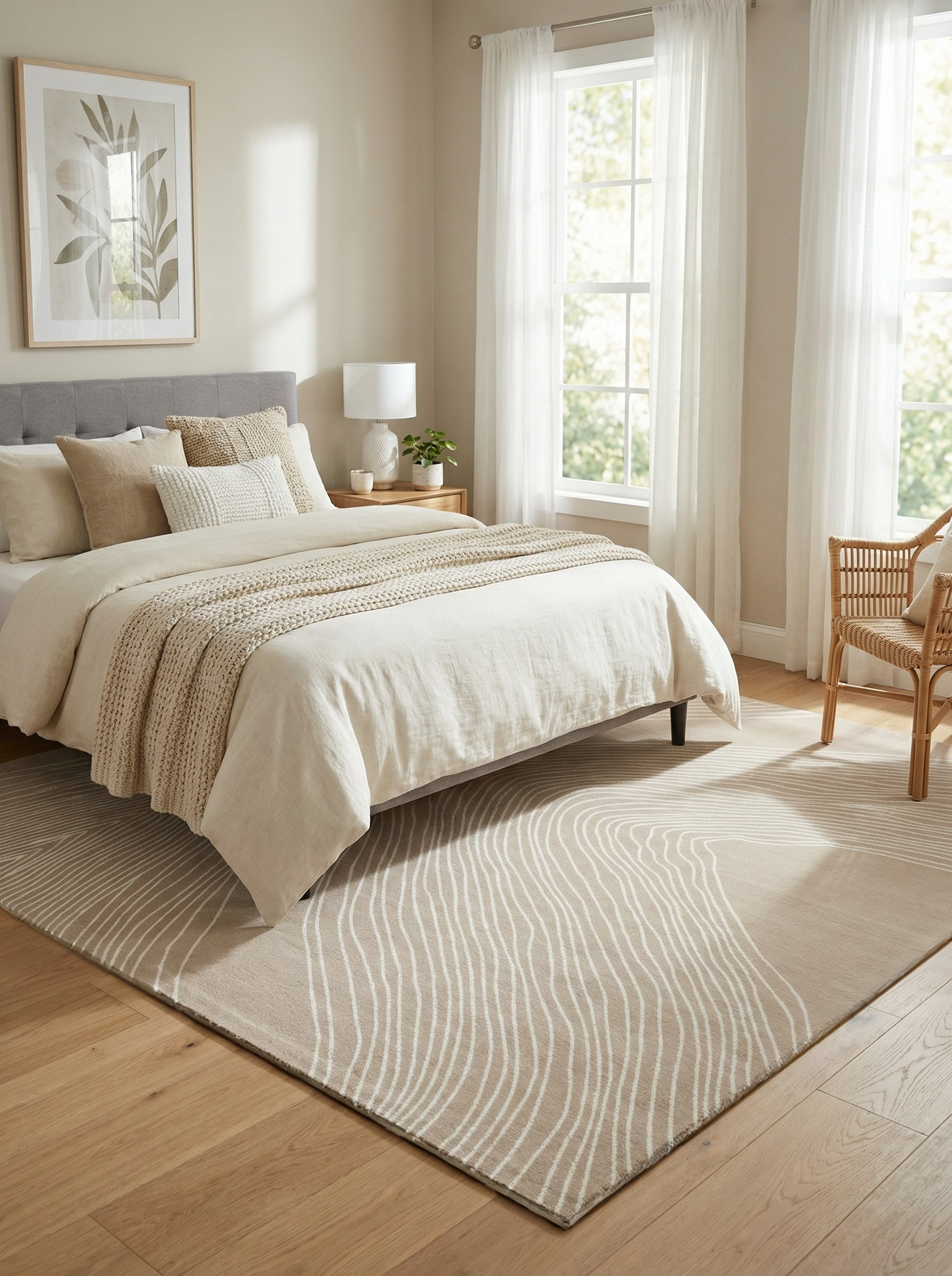 Tapis rectangulaire beige et ambre. Douceur et confort pour une ambiance reposante dans la chambre