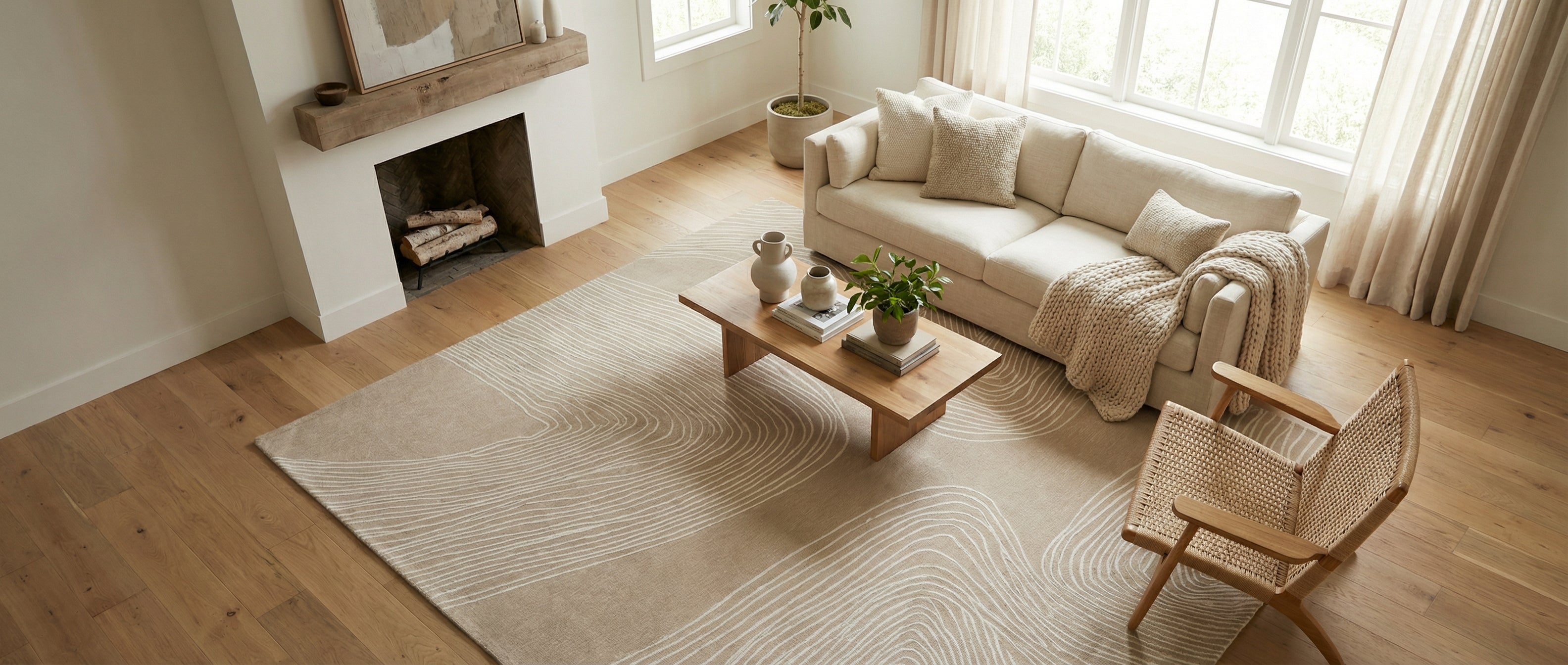 Le tapis beige rectangulaire transforme la pièce. Il crée une harmonie avec le bois clair et l'ambiance neutre