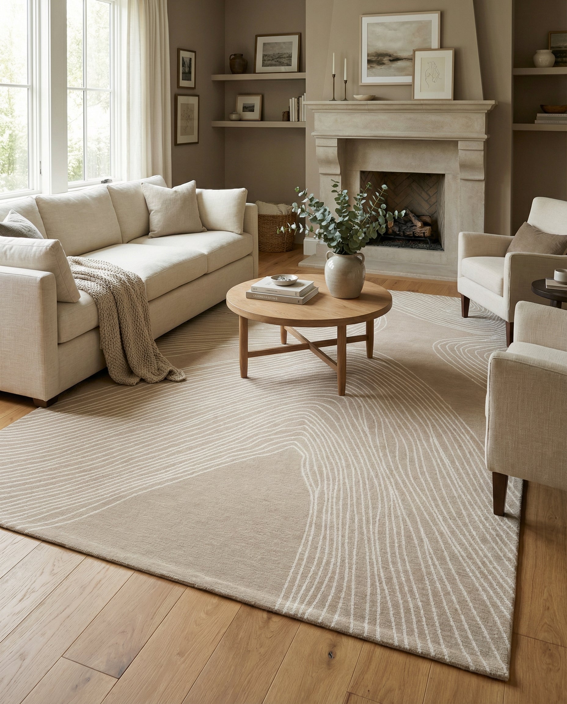 Tapis rectangulaire beige clair à motifs blancs, ambiance apaisante dans la pièce. Le tapis ajoute de la chaleur
