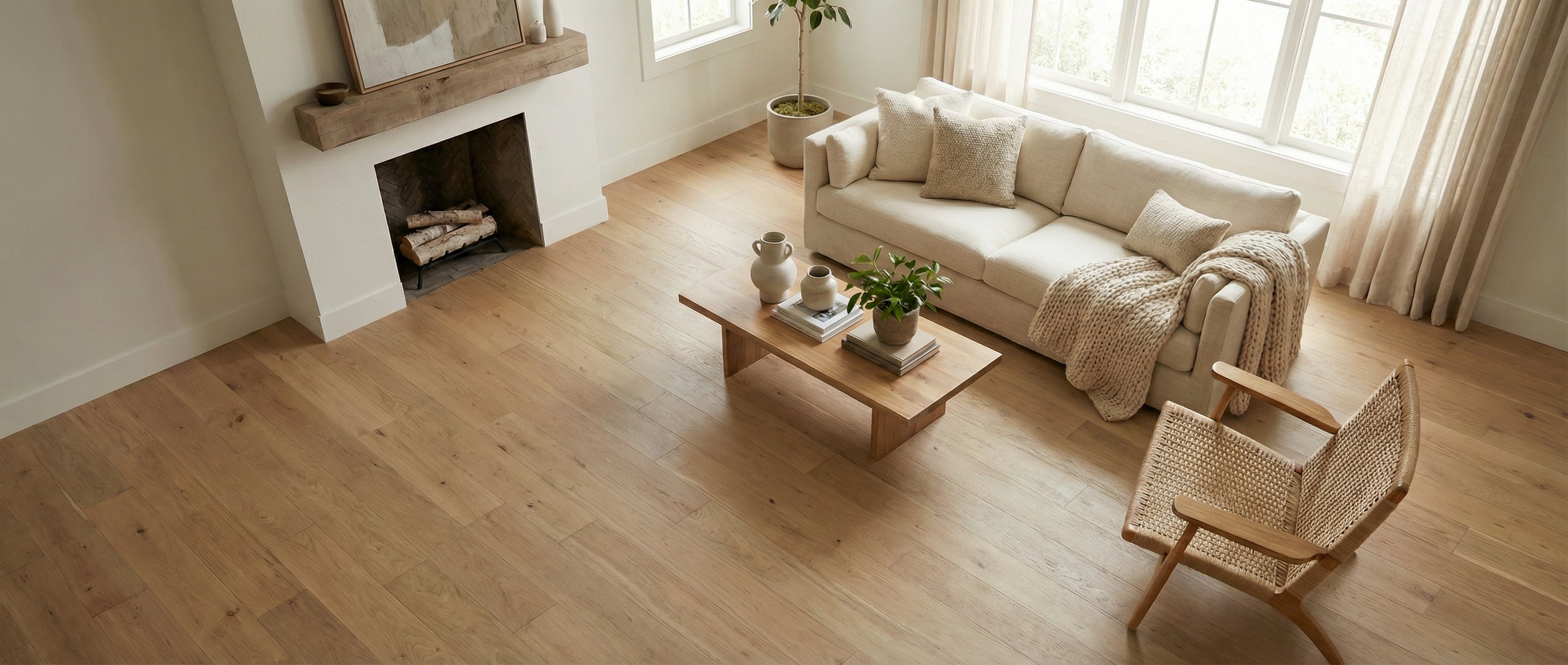 Pièce lumineuse avec parquet clair. Espace vide pour un tapis rectangulaire. Ambiance chaleureuse, déco potentielle