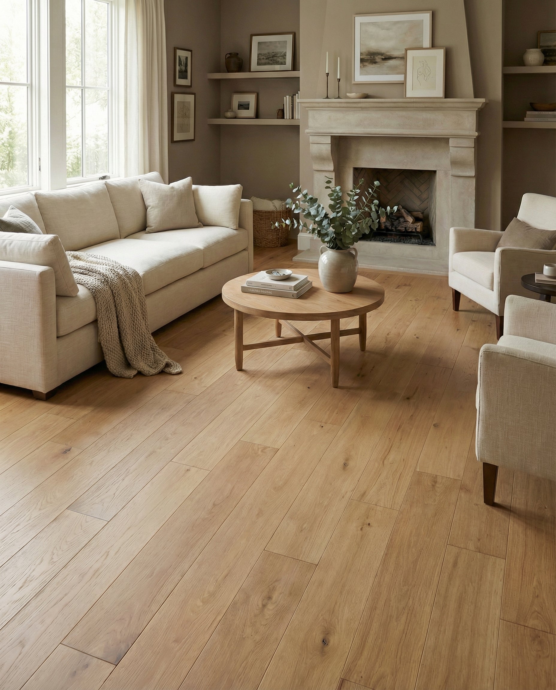 Pièce avec plancher de bois clair, ambiance chaleureuse. Espace à transformer pour un tapis rectangulaire