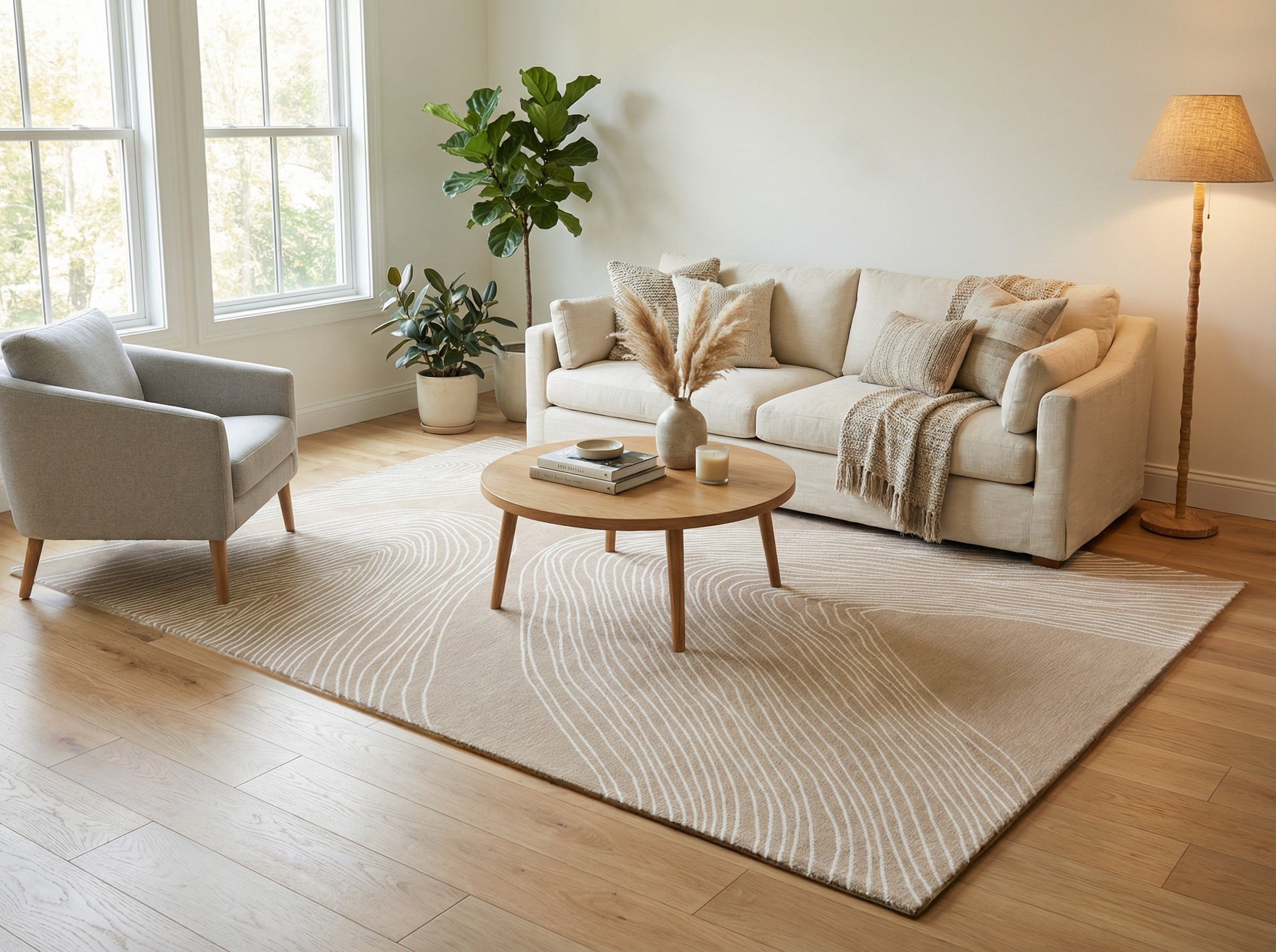 Tapis beige rectangulaire, motifs ondulés blancs. Pièce lumineuse, ambiance zen et chaleureuse, style déco épuré