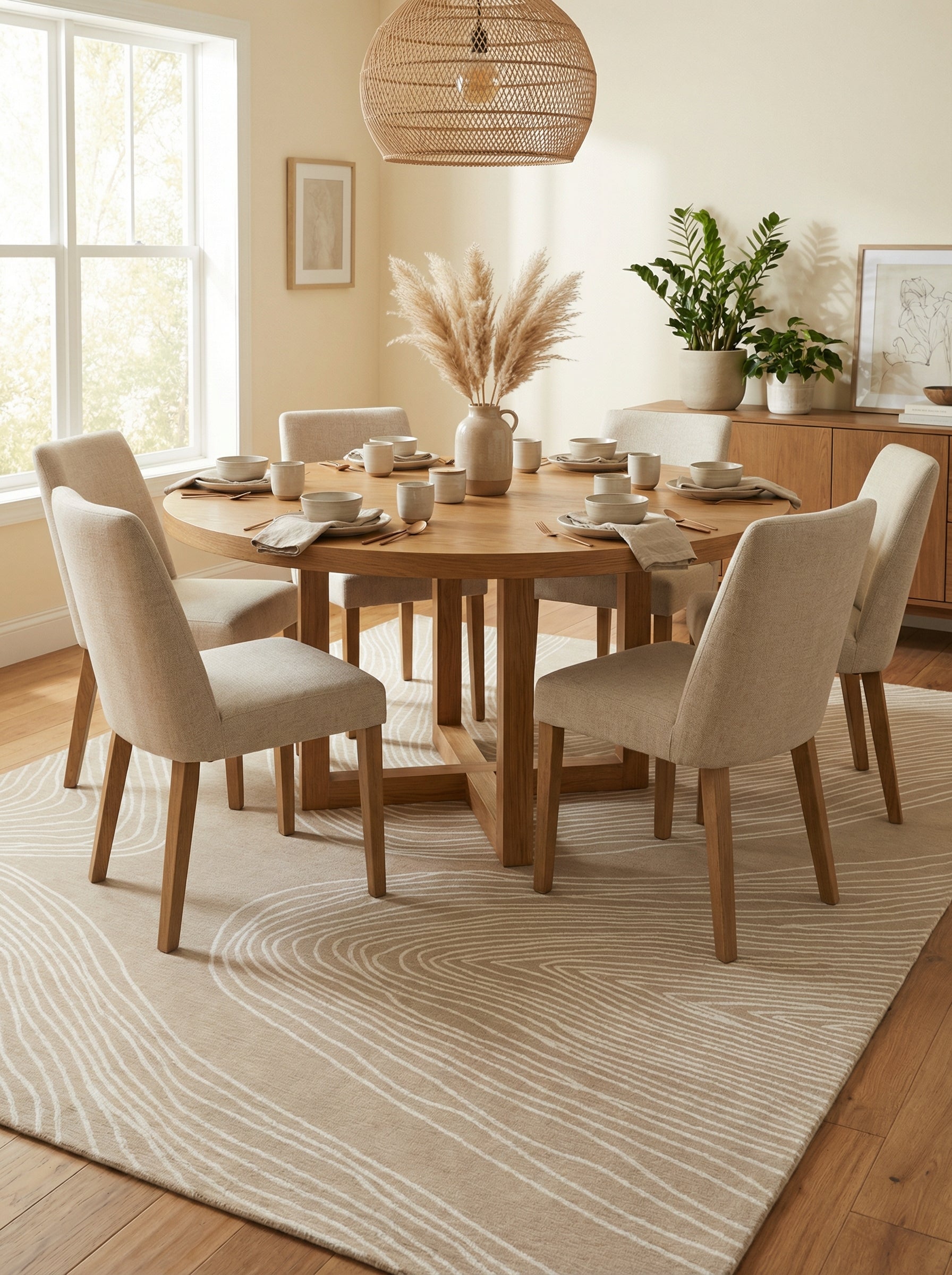 Tapis rectangulaire beige sous une table à manger, définissant un espace repas convivial