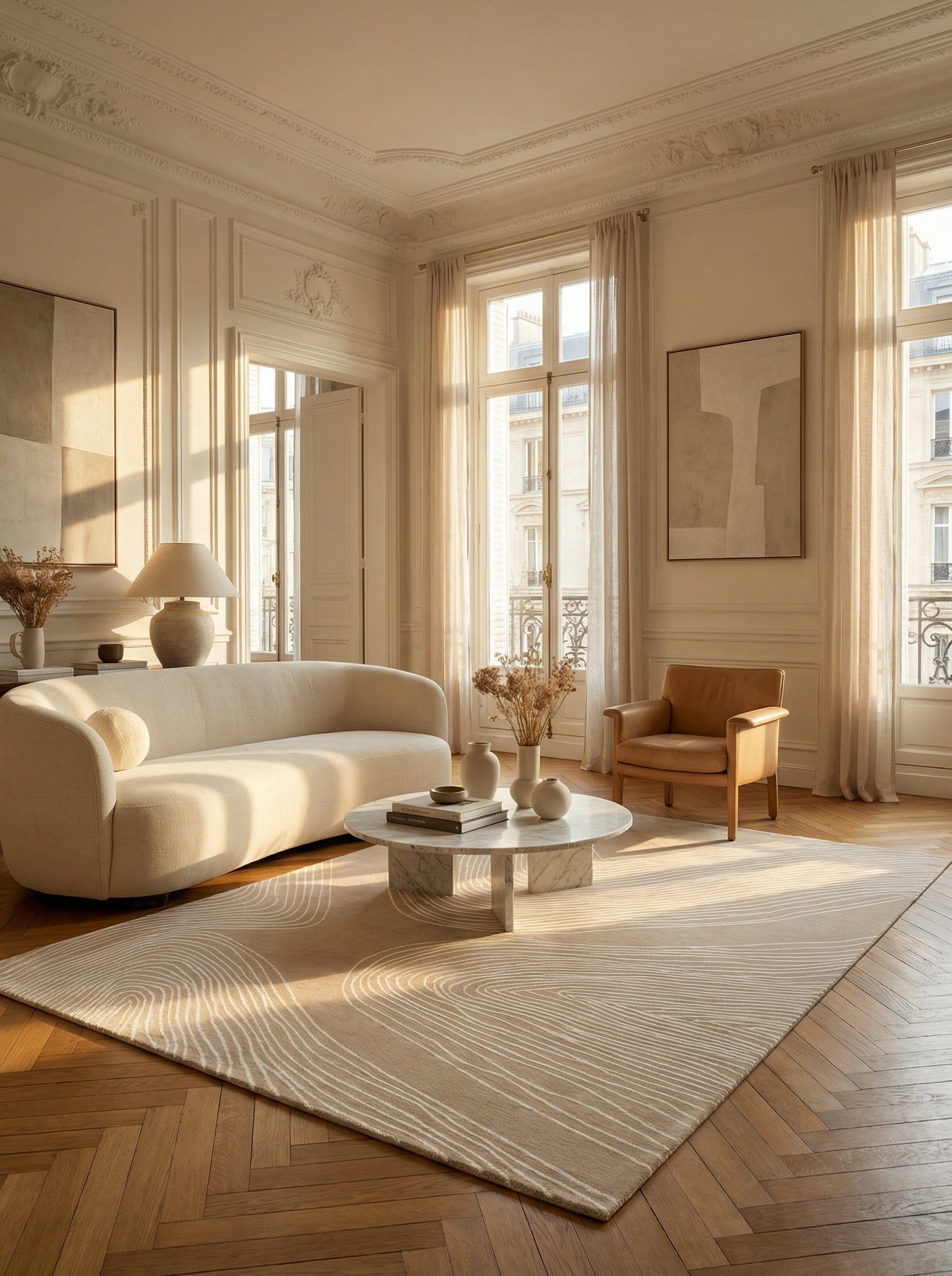 Tapis rectangulaire beige, motifs ondulés blancs. Ambiance élégante et conviviale dans un salon