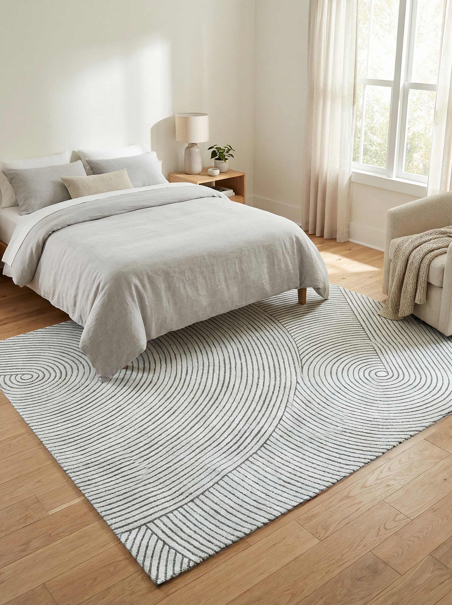 Tapis rectangulaire blanc et gris. Doux, confortable, il crée une ambiance reposante dans la chambre