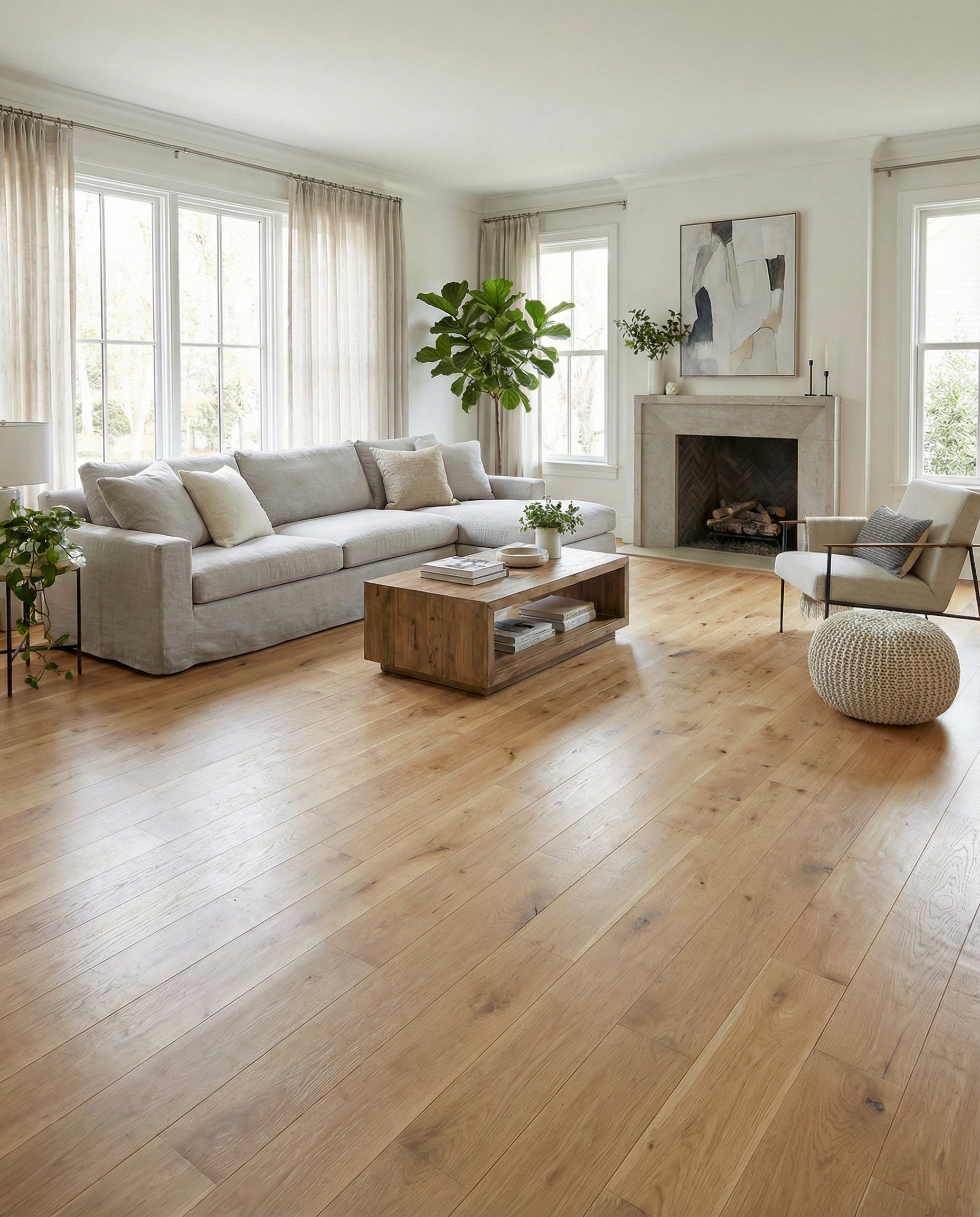 Pièce lumineuse avec parquet clair, canapé gris, cheminée. Ambiance chaleureuse, espace à aménager pour un tapis