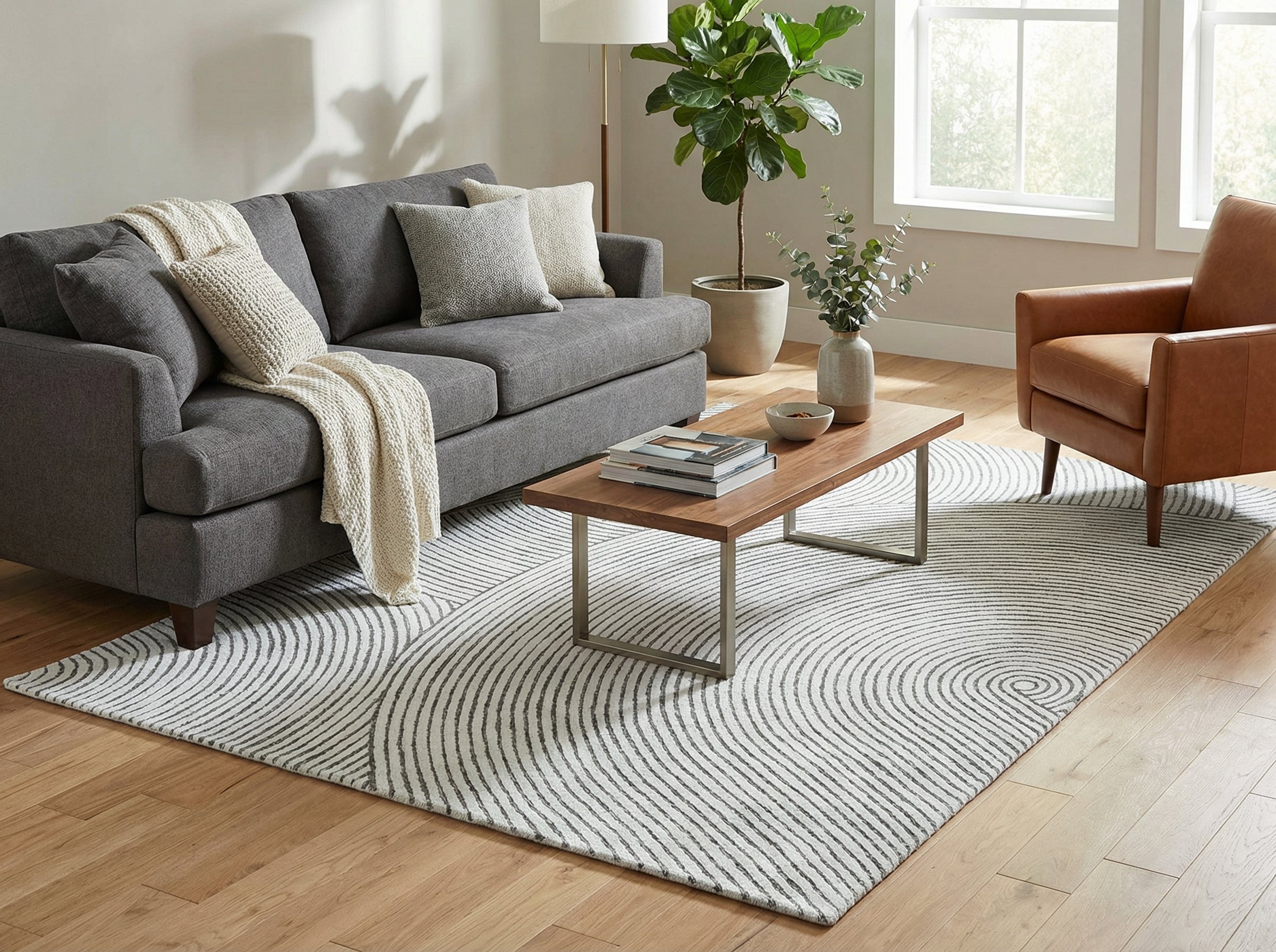 Tapis rectangulaire blanc et gris, motifs circulaires. Déco moderne, ambiance zen et chaleureuse dans le salon