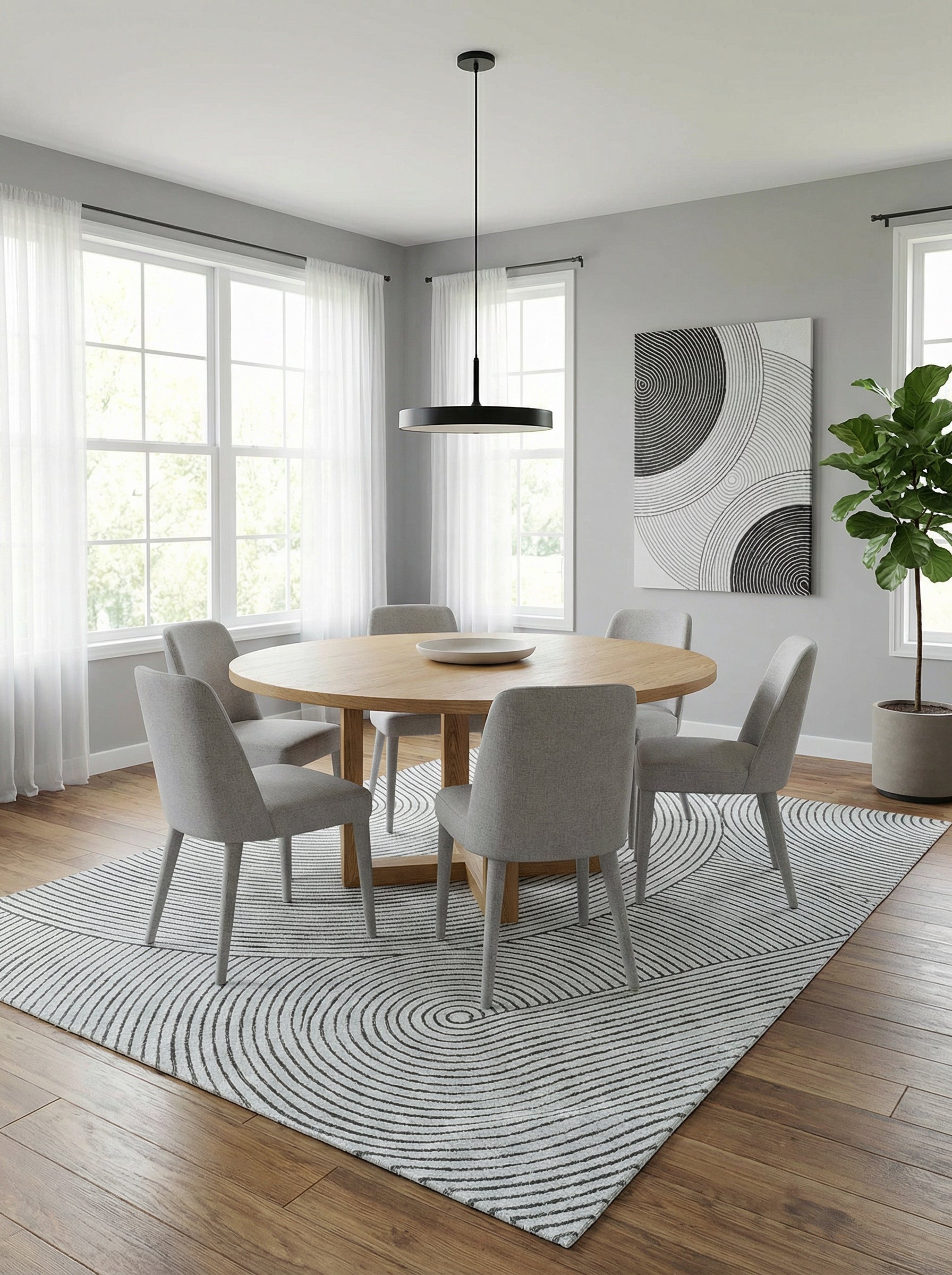 Tapis rectangulaire blanc et noir sous une table à manger. Il définit l'espace repas et crée une ambiance conviviale
