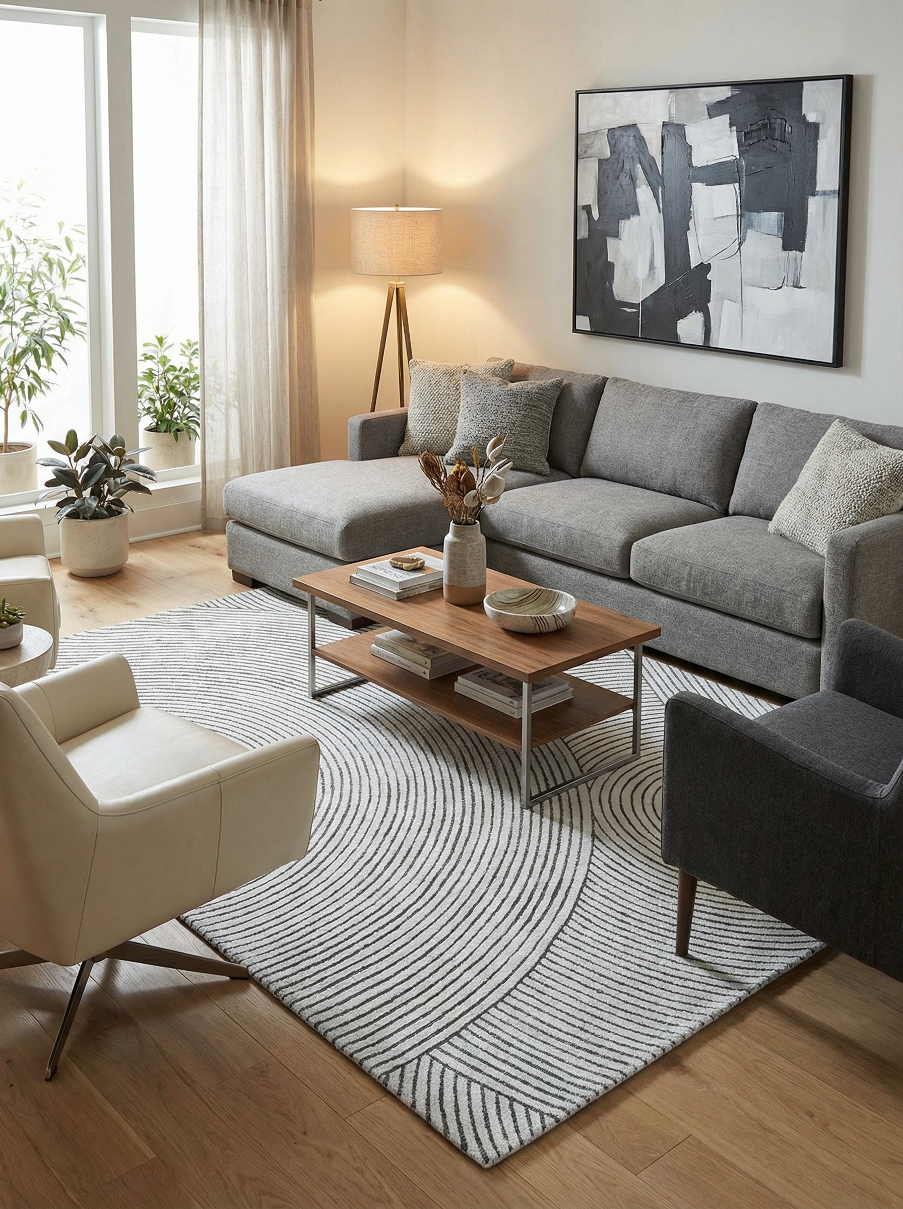 Tapis rectangulaire blanc et noir, motifs circulaires, ambiance zen et harmonie avec le décor épuré