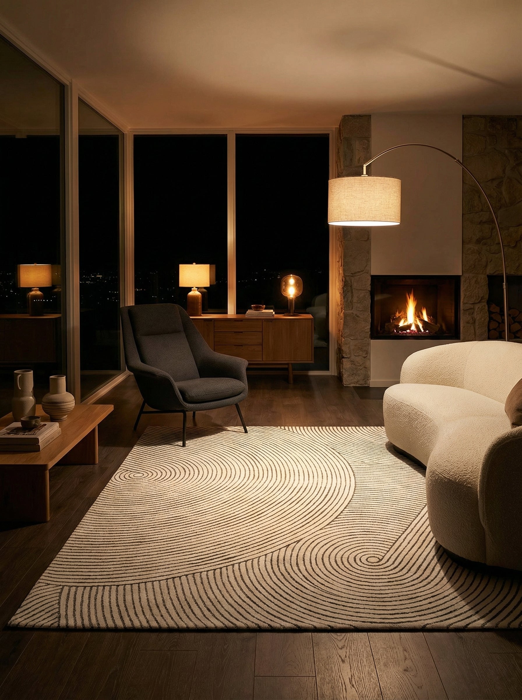 Tapis rectangulaire blanc et noir dans une pièce tamisée. Éclairage doux, atmosphère chaleureuse