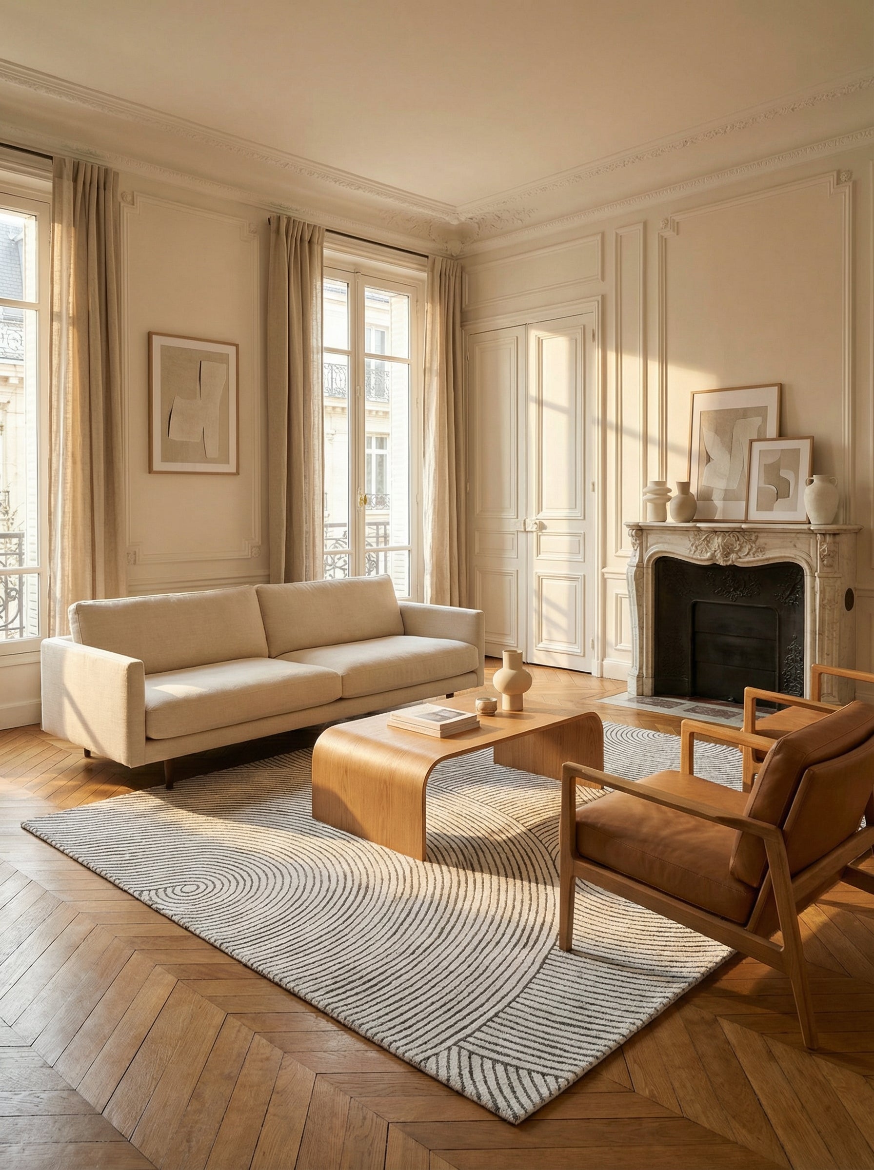 Tapis rectangulaire blanc et gris, motifs circulaires. Ambiance élégante et conviviale dans cette pièce