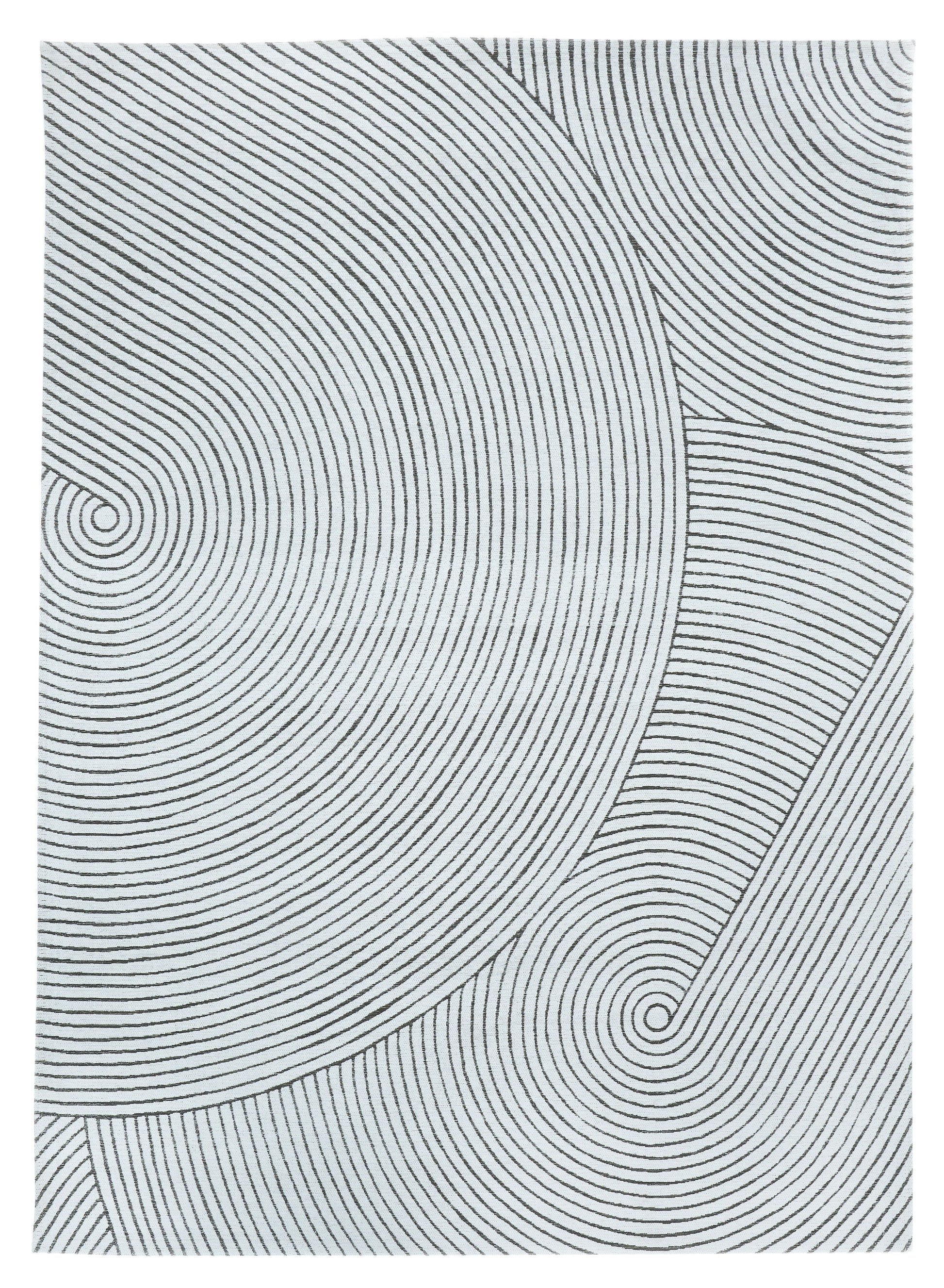 Tapis rectangulaire avec motif de cercles concentriques noirs sur fond blanc, style abstrait