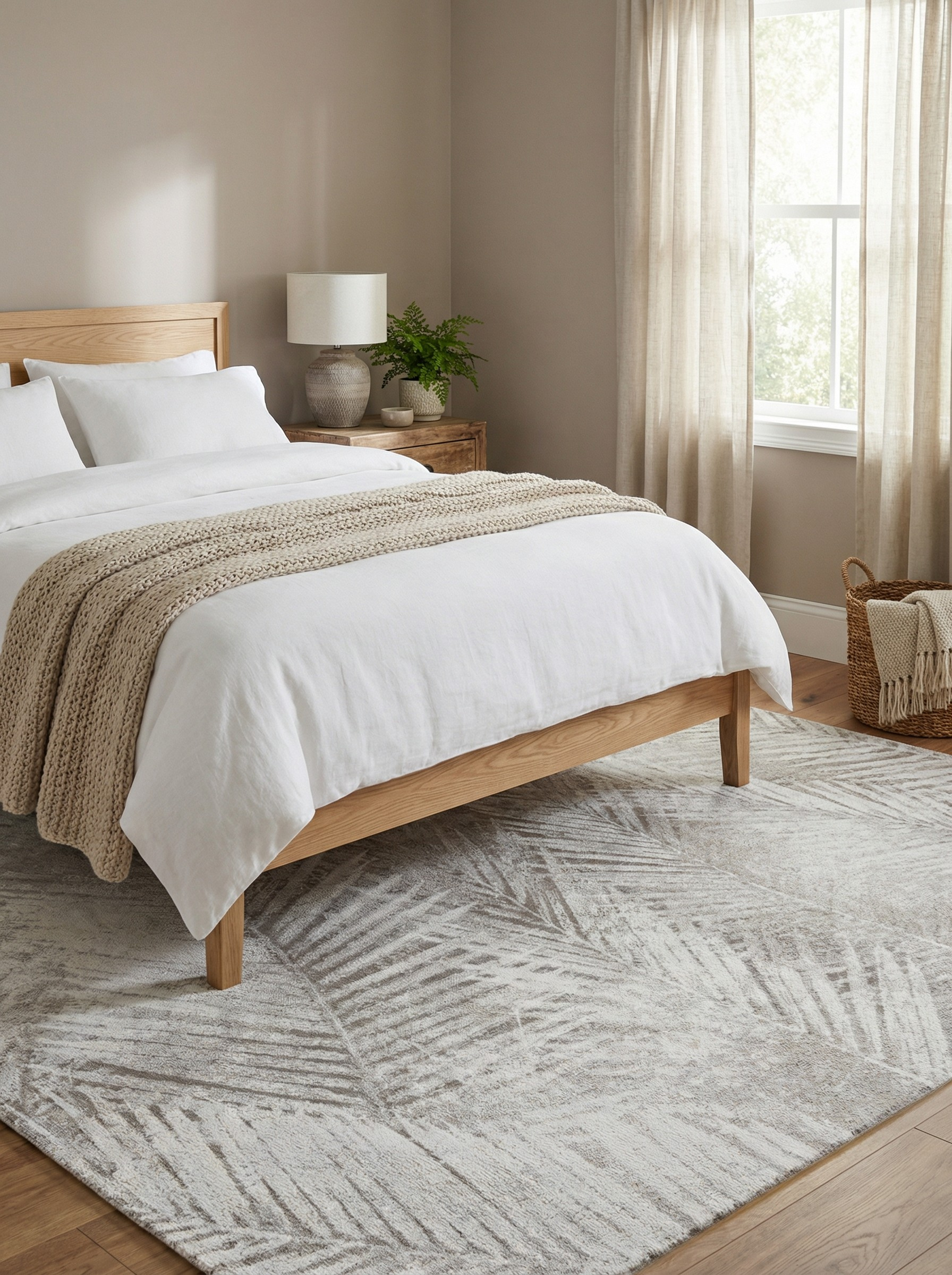 Tapis rectangulaire aux motifs de feuilles, couleurs ivoire et ambre. Douceur et confort pour une ambiance reposante dans