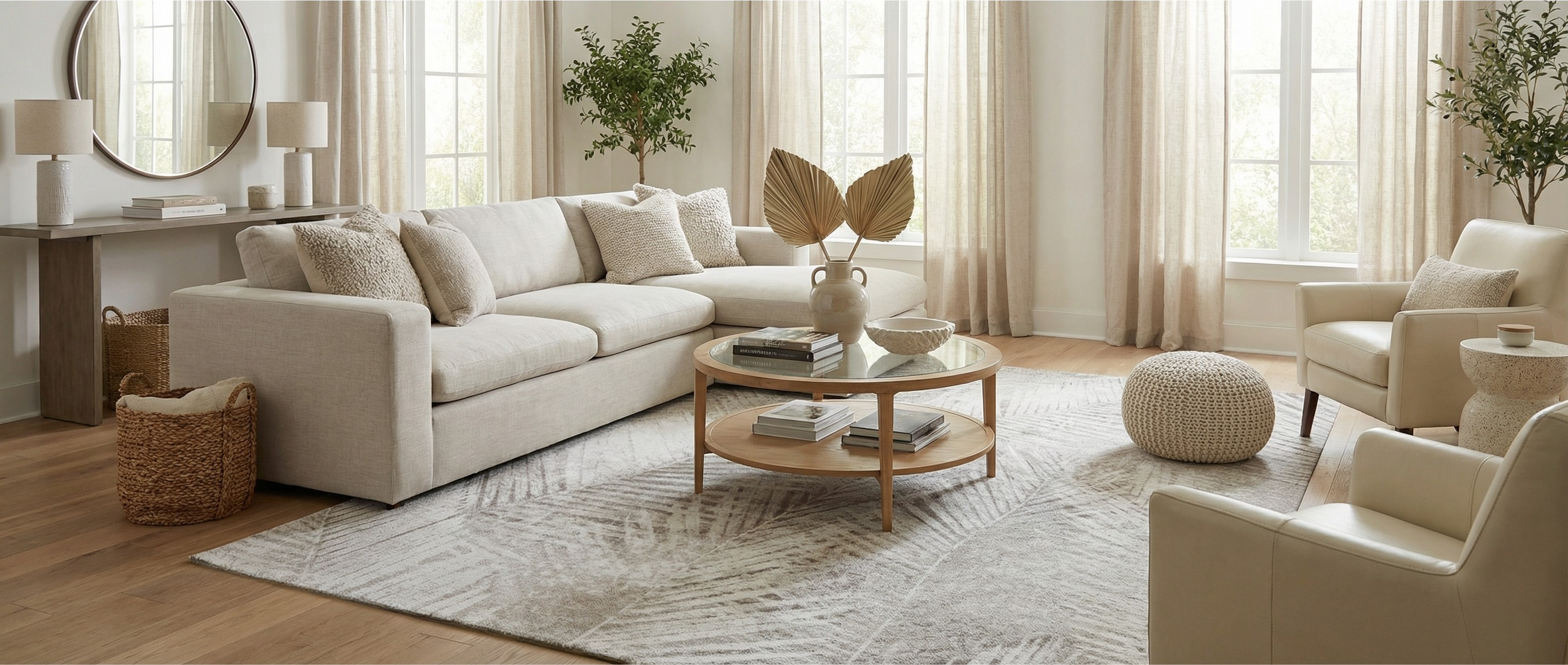 Le tapis rectangulaire transforme la pièce. Harmonie créée par les tons neutres et le motif végétal. Ambiance douce