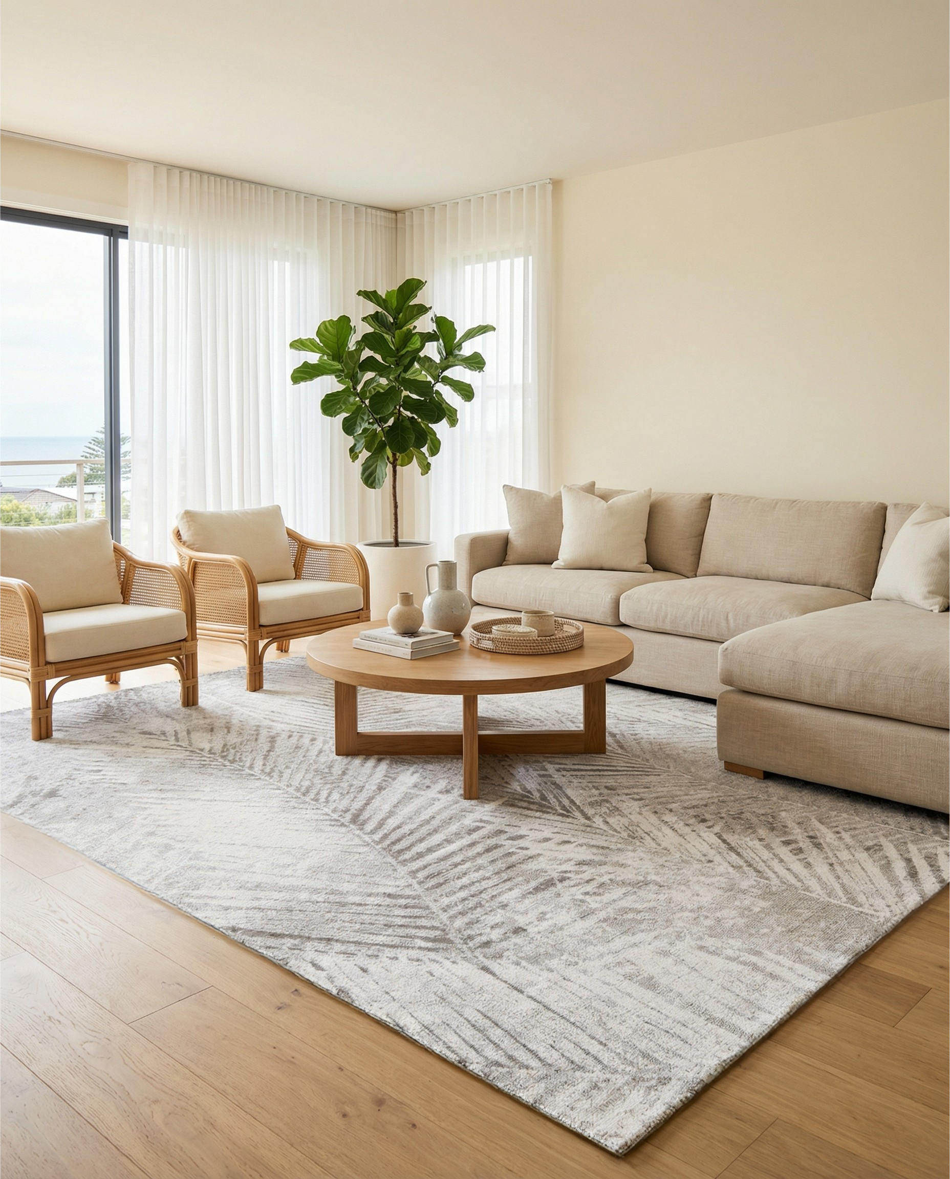 Tapis rectangulaire aux motifs végétaux dans une pièce lumineuse. Ambiance chaleureuse grâce aux couleurs ivoire et au