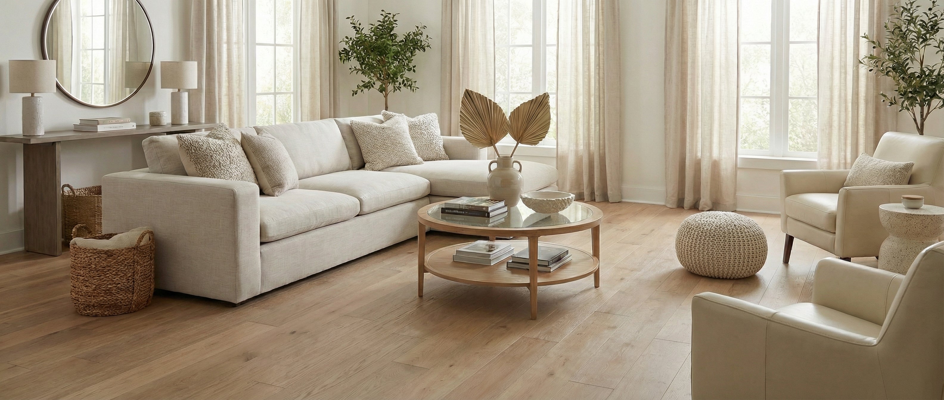 Pièce lumineuse, ambiance neutre. Sol clair, canapé clair, fauteuils. Espace vide pour un tapis rectangulaire. Potentiel déco