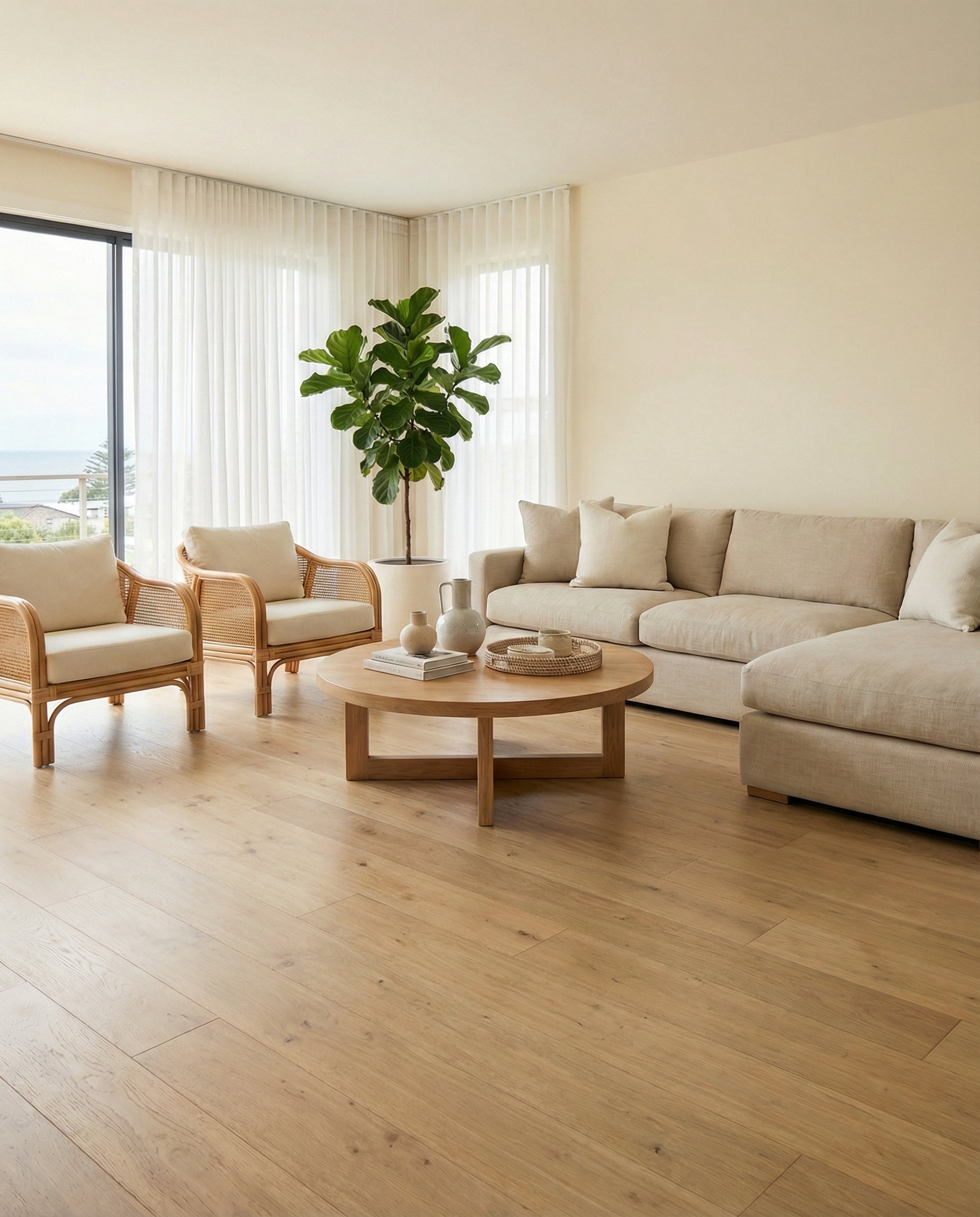 Pièce lumineuse, ambiance neutre. Canapé beige, fauteuils rotin. Sol clair en bois. Espace à transformer