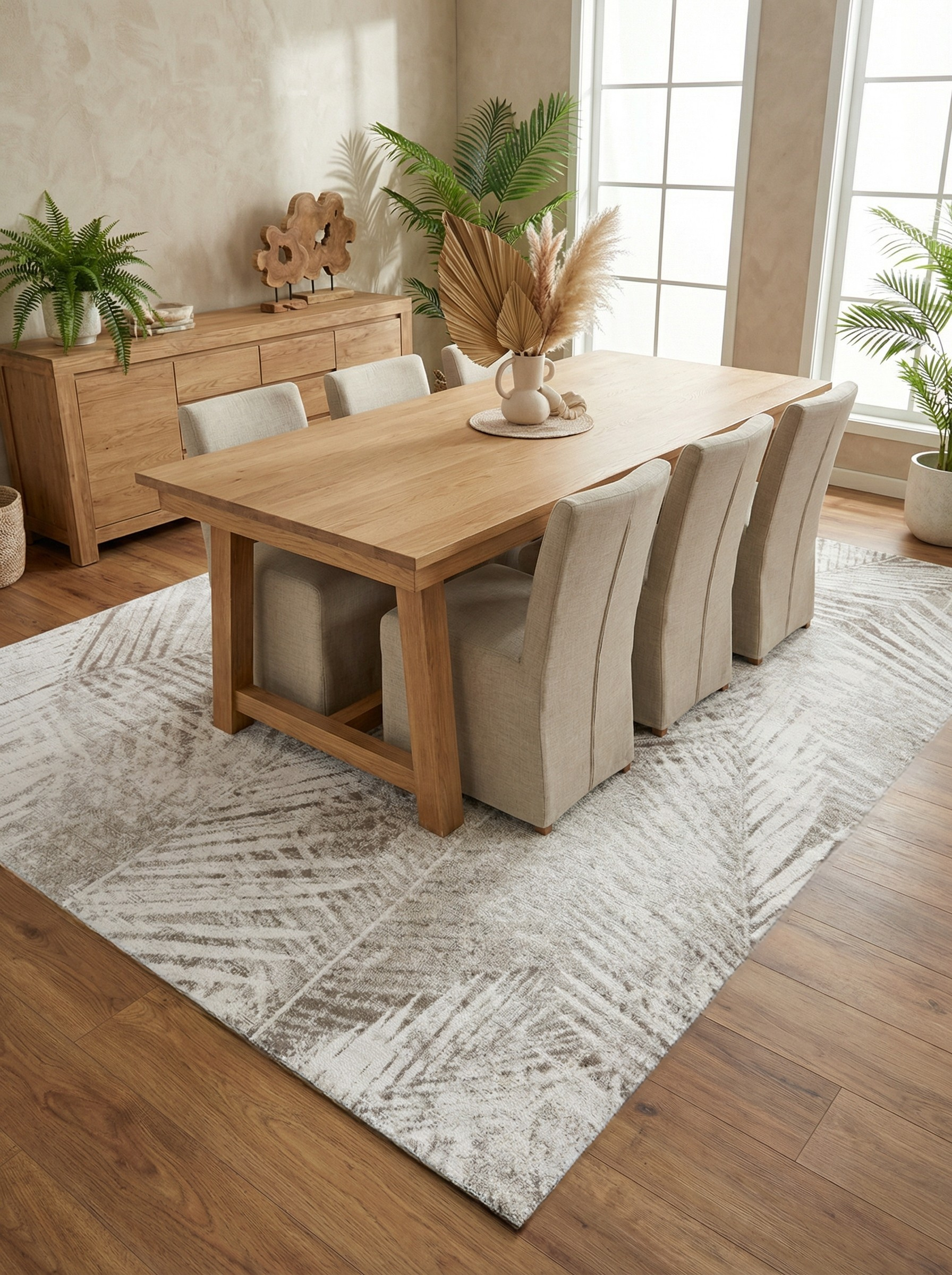 Tapis rectangulaire ivoire sous la table à manger, définissant l'espace repas et créant une ambiance conviviale