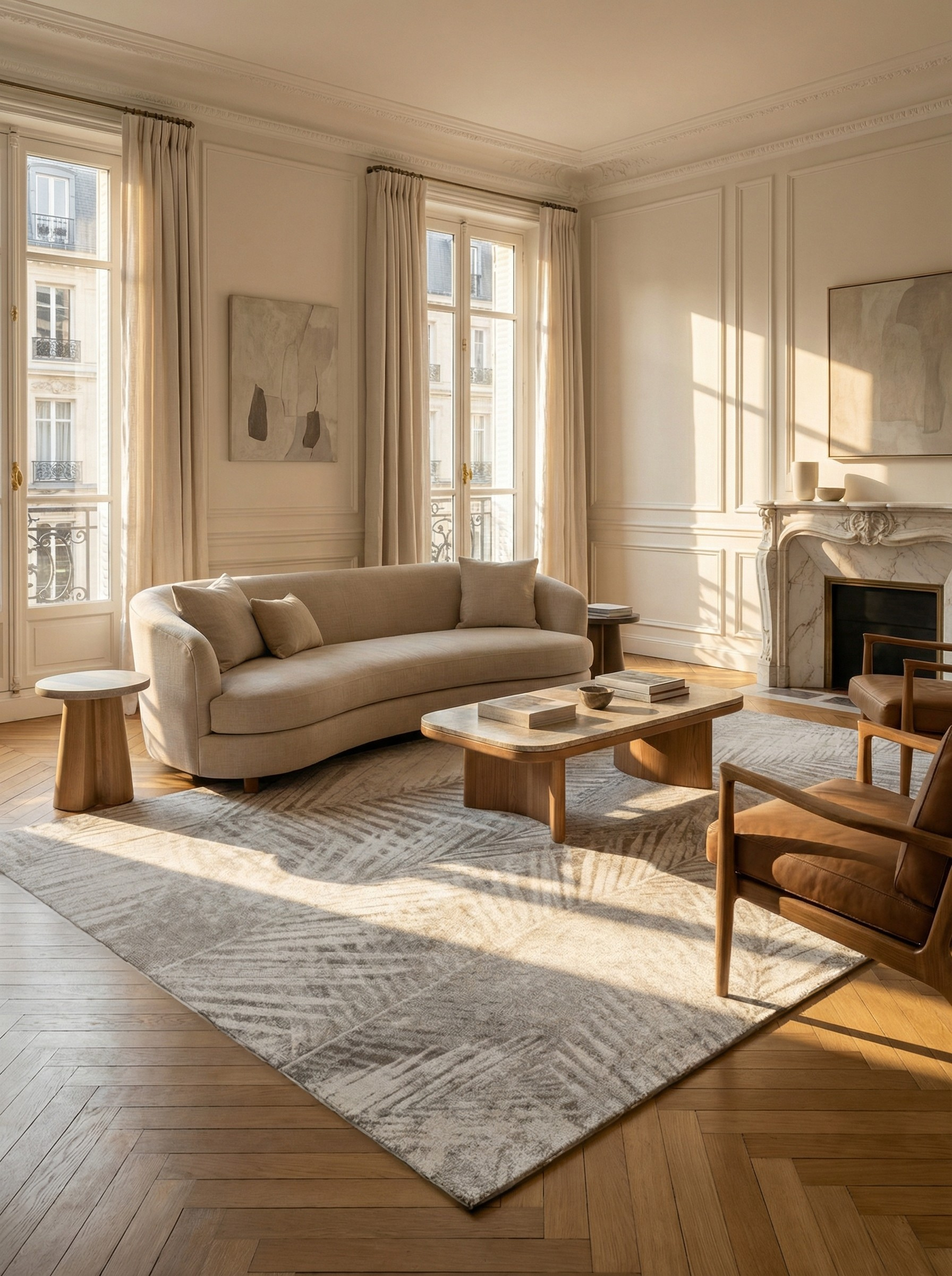 Tapis rectangulaire ivoire, motifs géométriques, ambiance chaleureuse et élégante pour une soirée conviviale