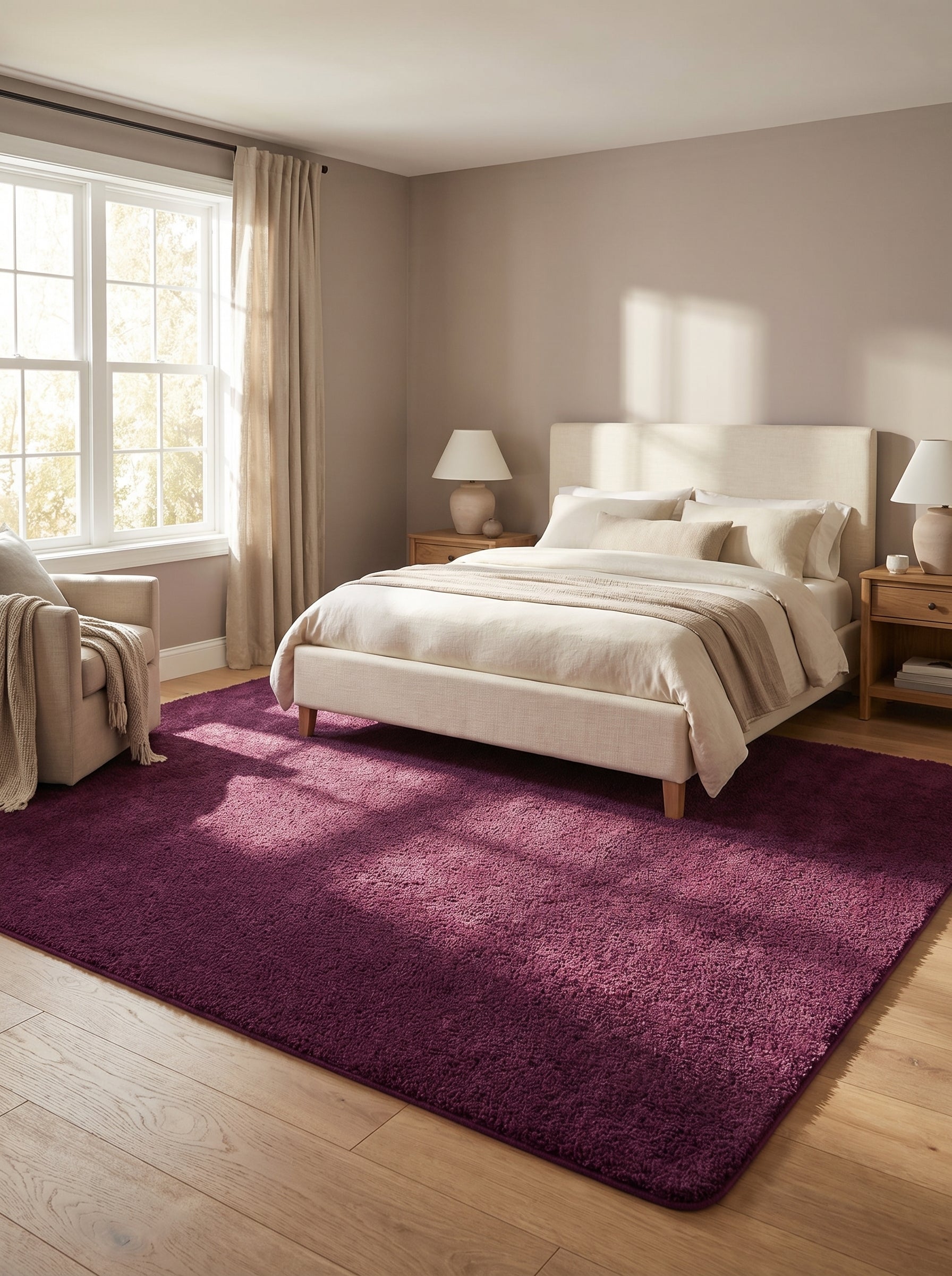 Grand tapis rectangulaire shaggy violet foncé recouvrant une partie du sol en parquet d'une chambre lumineuse