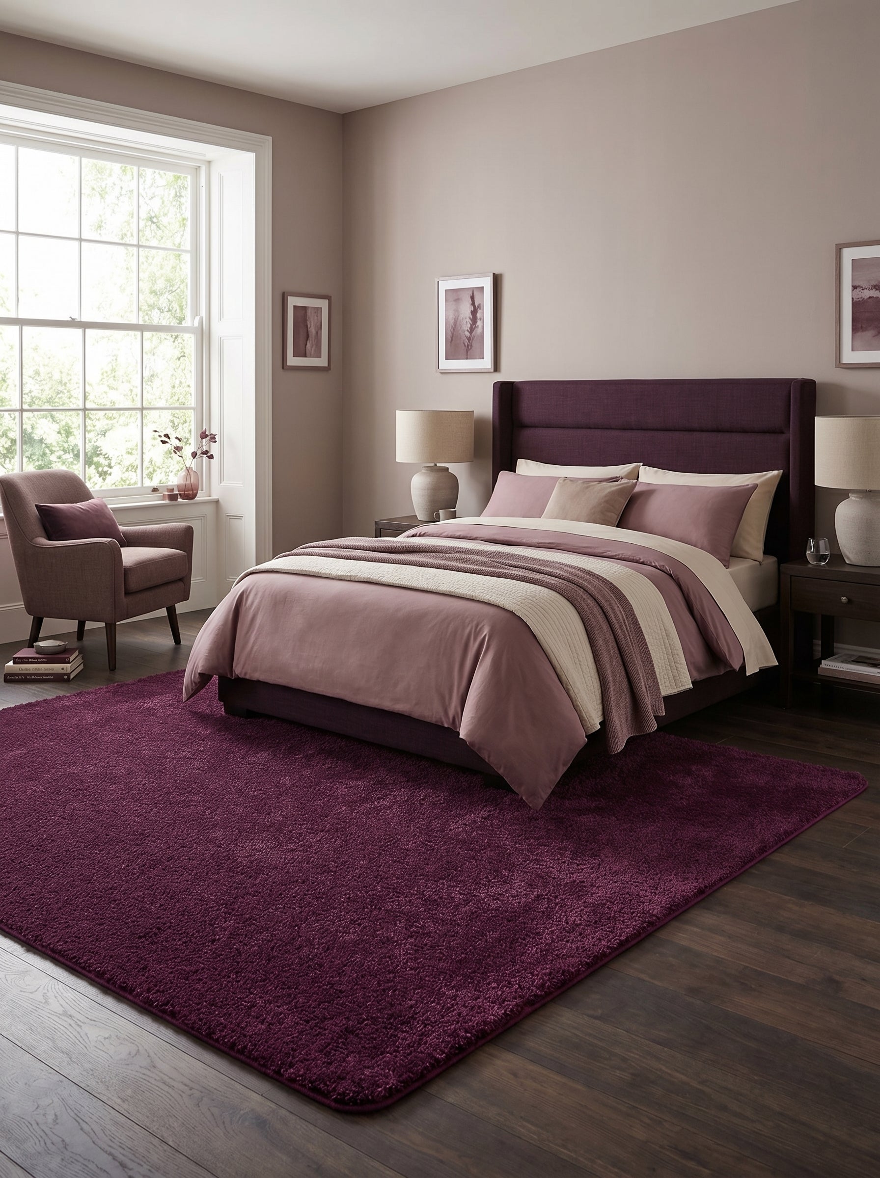 Tapis rectangulaire violet foncé à poils longs posé sur un plancher en bois sombre dans une chambre moderne et lumineuse