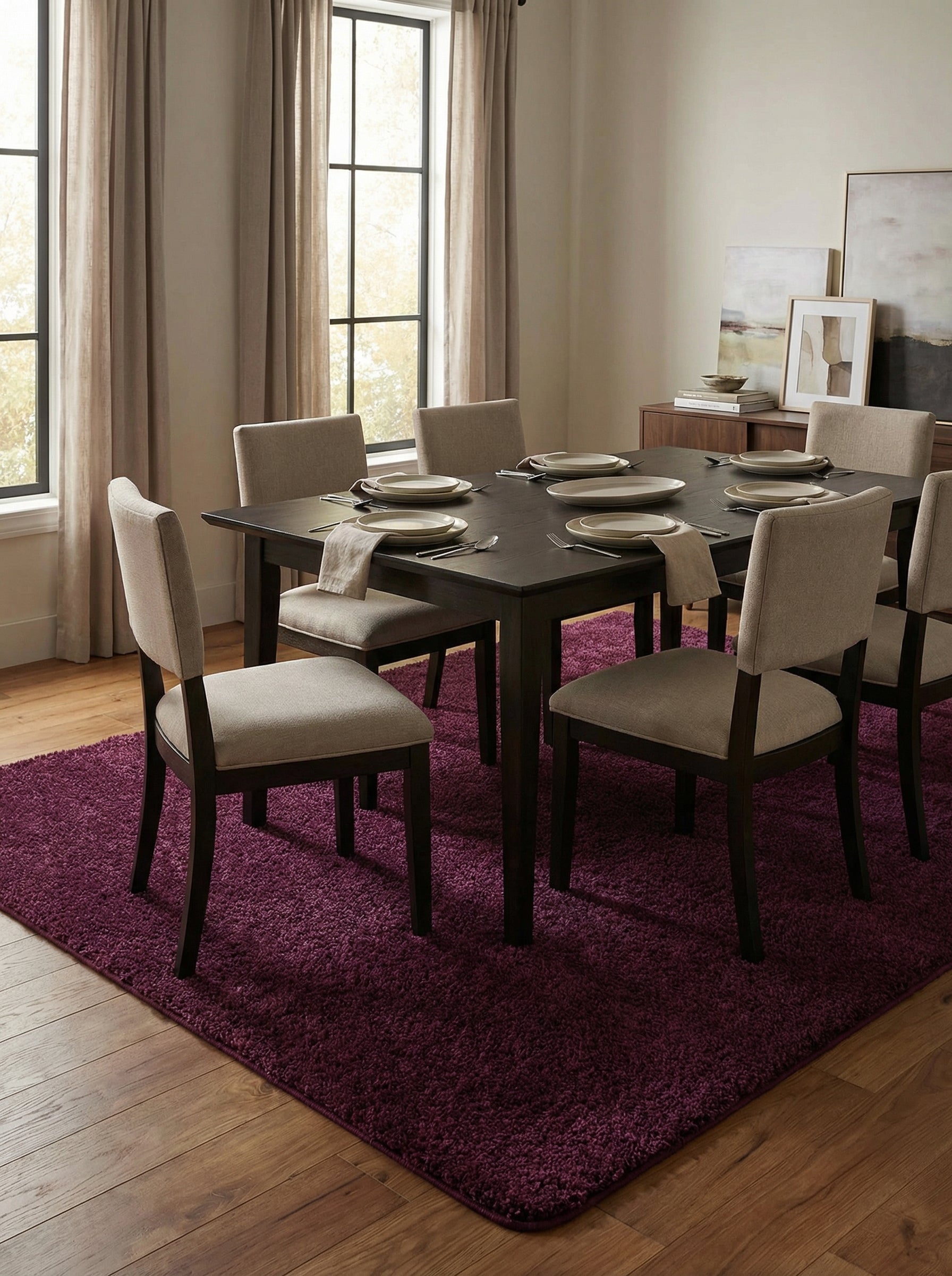Tapis rectangulaire moelleux violet aubergine sous une table à manger avec chaises, dans une salle à manger