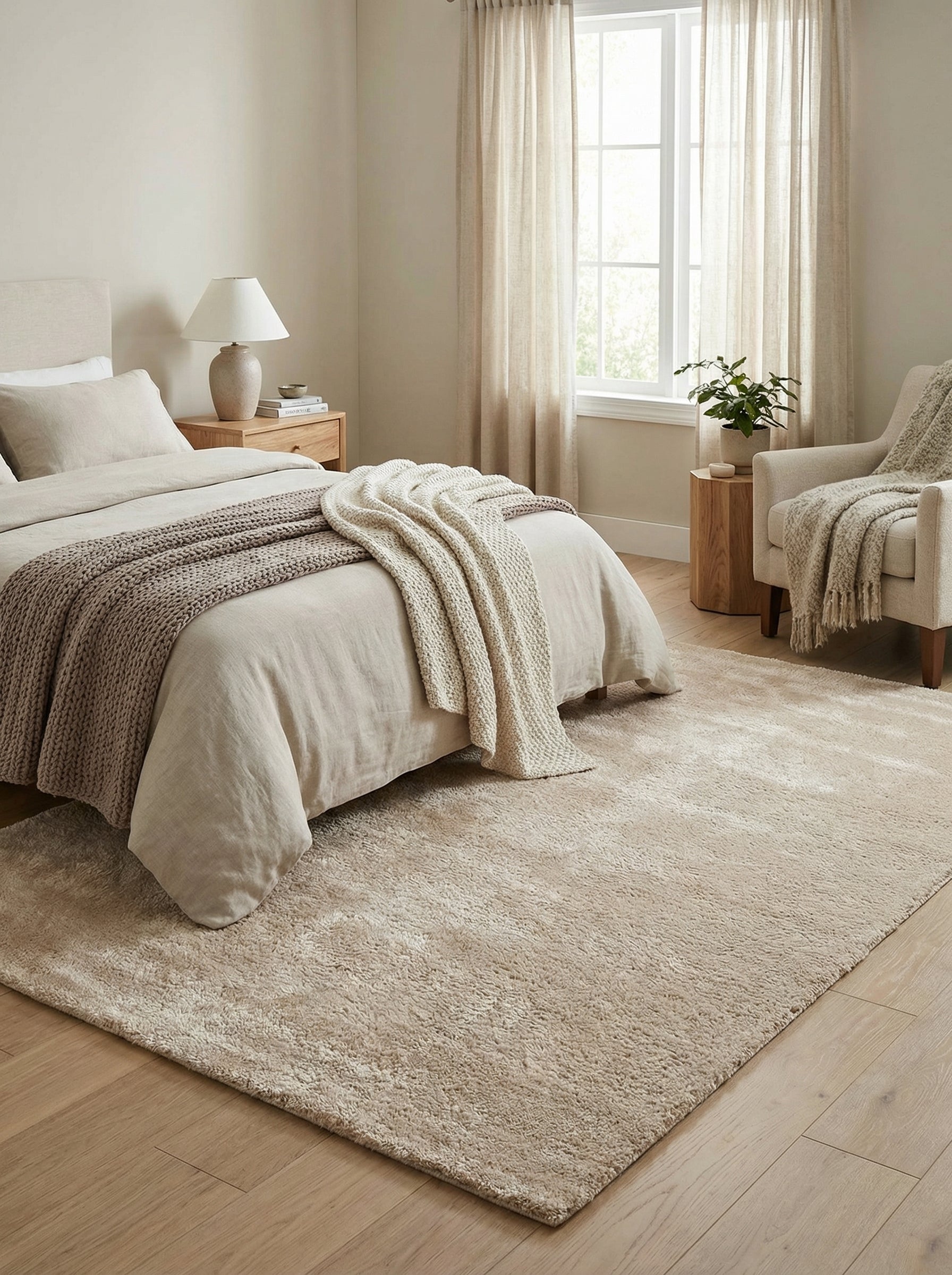 Tapis rectangulaire beige clair à poils longs et doux, posé sur un parquet dans une chambre aux tons neutres et apaisants