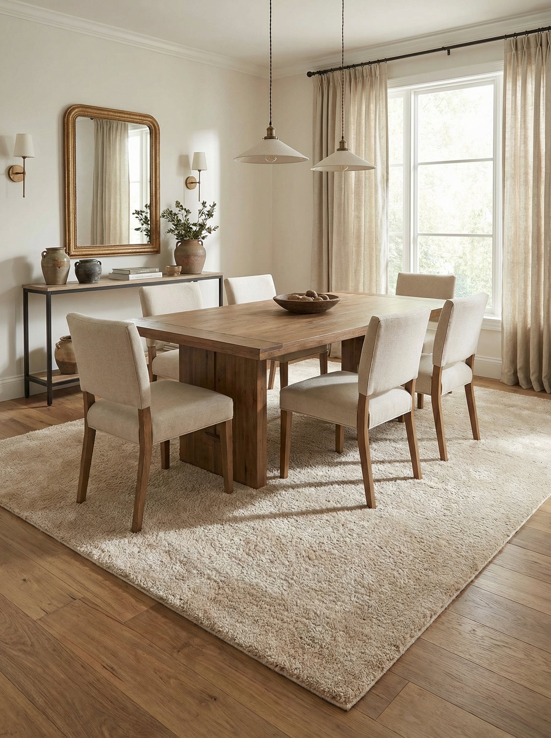 Tapis rectangulaire beige uni à longs poils moelleux, posé sous une table de salle à manger en bois