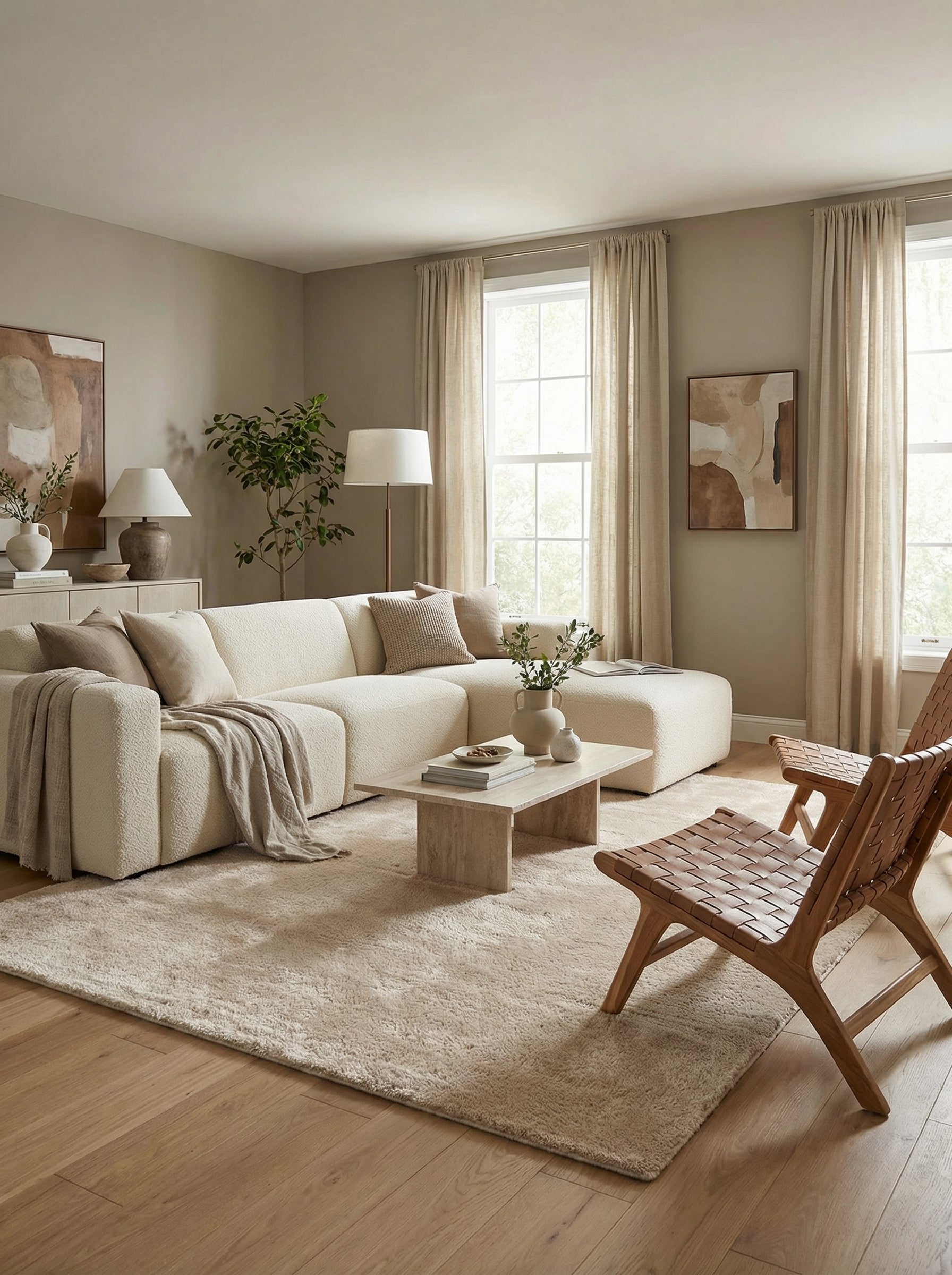 Tapis rectangulaire beige clair, moelleux et uni, posé sur un parquet dans un salon moderne